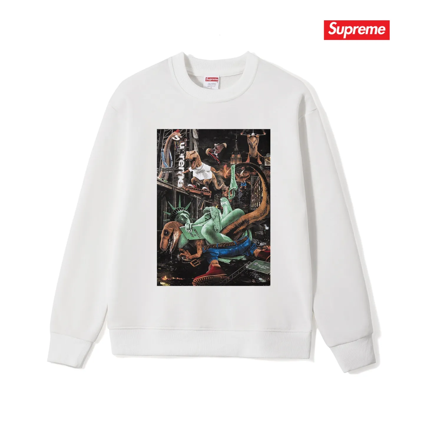 Style No. S1125 #terry p150💰 Velvet 160💰 Supreme 23SS T-REX TEE Tyrannosaurus City Battle Statue of Liberty Round Neck Sweater Made of 400 grams of large terry (drop shoulder large version) fabric, soft texture and no pilling Imported environmentally friendly printing glue The pattern is bright and three-dimensional Quality 💥Same style for men and women The upper body is fashionable Color: Black White Gray Size: S M L XL XXL