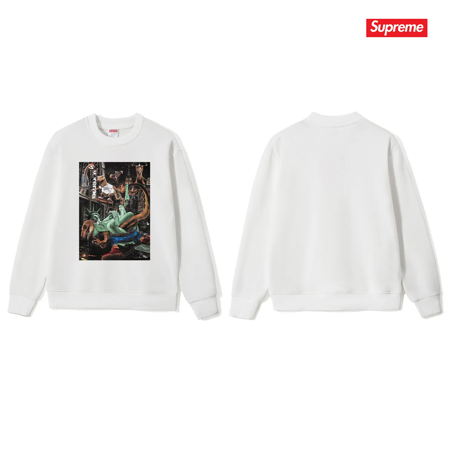 Style No. S1125 #terry p150💰 Velvet 160💰 Supreme 23SS T-REX TEE Tyrannosaurus City Battle Statue of Liberty Round Neck Sweater Made of 400 grams of large terry (drop shoulder large version) fabric, soft texture and no pilling Imported environmentally friendly printing glue The pattern is bright and three-dimensional Quality 💥Same style for men and women The upper body is fashionable Color: Black White Gray Size: S M L XL XXL