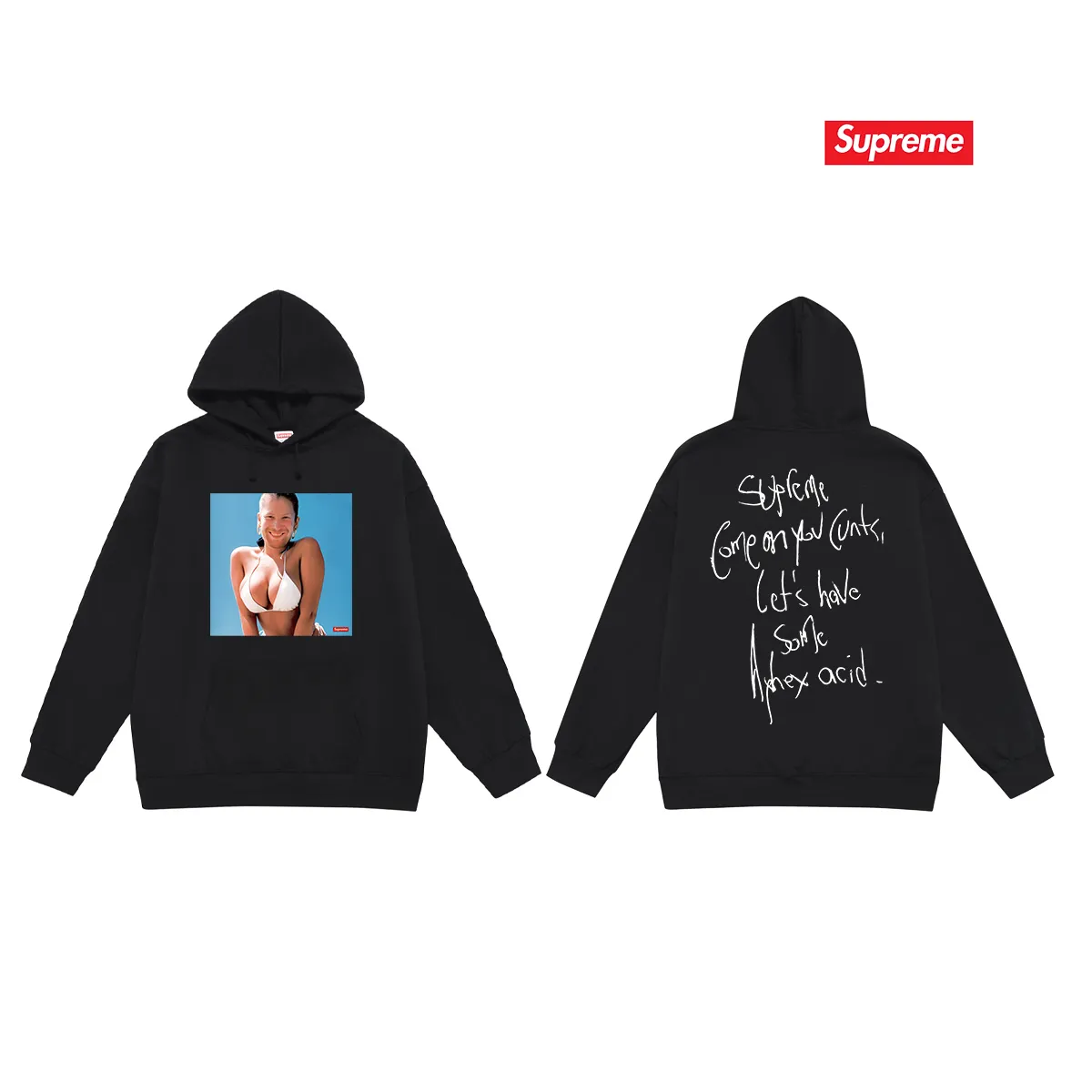 Style No. S2148 #terry P160💰 Velvet P170💰 Supreme 25SS Aphex Twin Tee singer character bikini album hooded sweatshirt Made of 400g large terry 430g silver fox velvet (off-shoulder large version) fabric, soft and non-pilling, imported environmentally friendly printing glue, bright and three-dimensional pattern, quality 💥Same style for men and women, the upper body is trendy Color: black white gray Size: S M L XL XXL