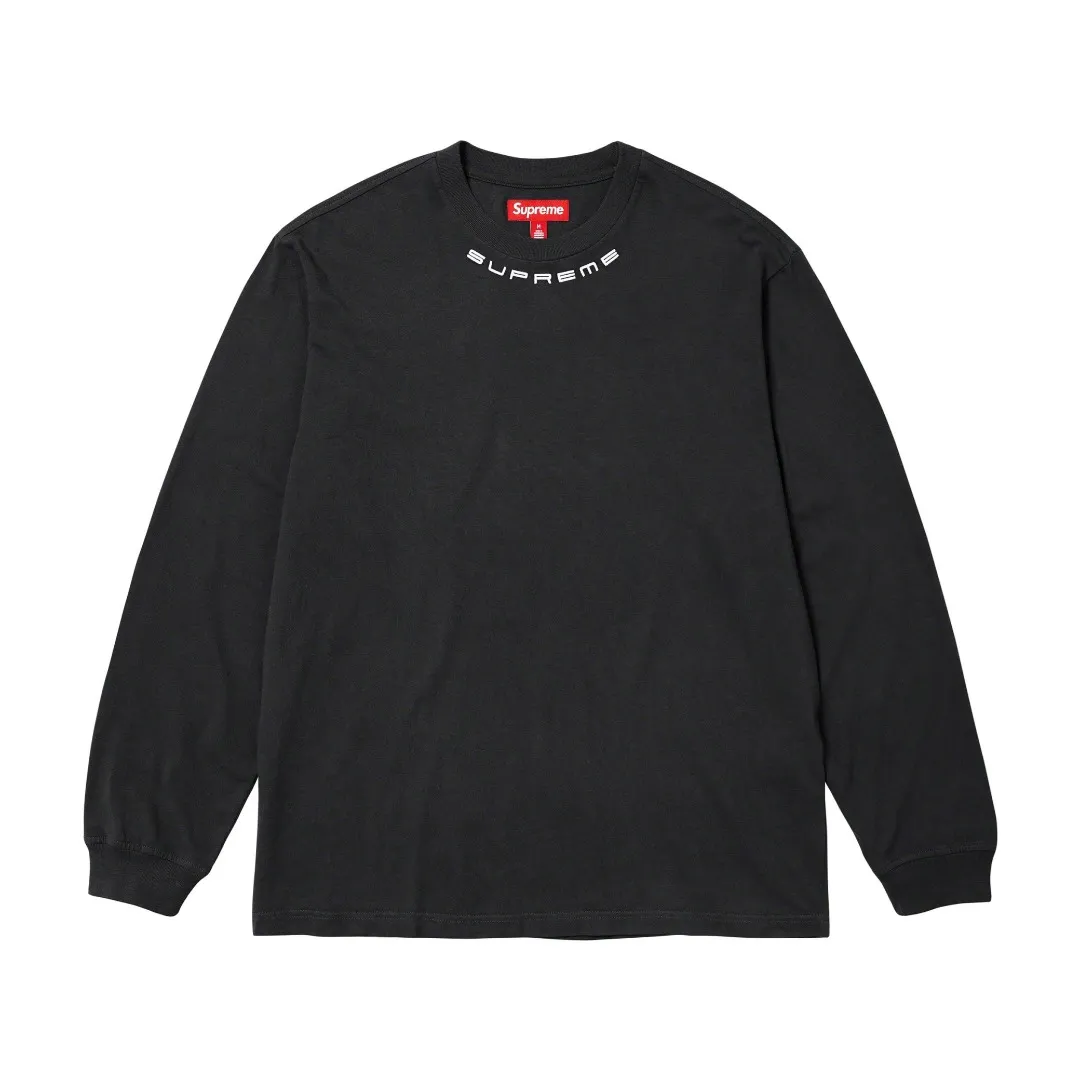 🅿️166 S277 Supreme 23fw COLLAR LOGO L/S TOP Embroidery Long-sleeved T-shirt ZP test Custom weaving and dyeing Pure cotton 320g Fabric Embroidery is done by BEHRINGER BEKS-Y924 machine (one level higher than Tajima embroidery machine) Embroidery thickness, saturation and size are consistent with ZP Customized ZP co-branding Main label/wash water label/hangtag/packaging bag The version with a high probability of passing the test will pass the original packaging picture. Size: S-XL