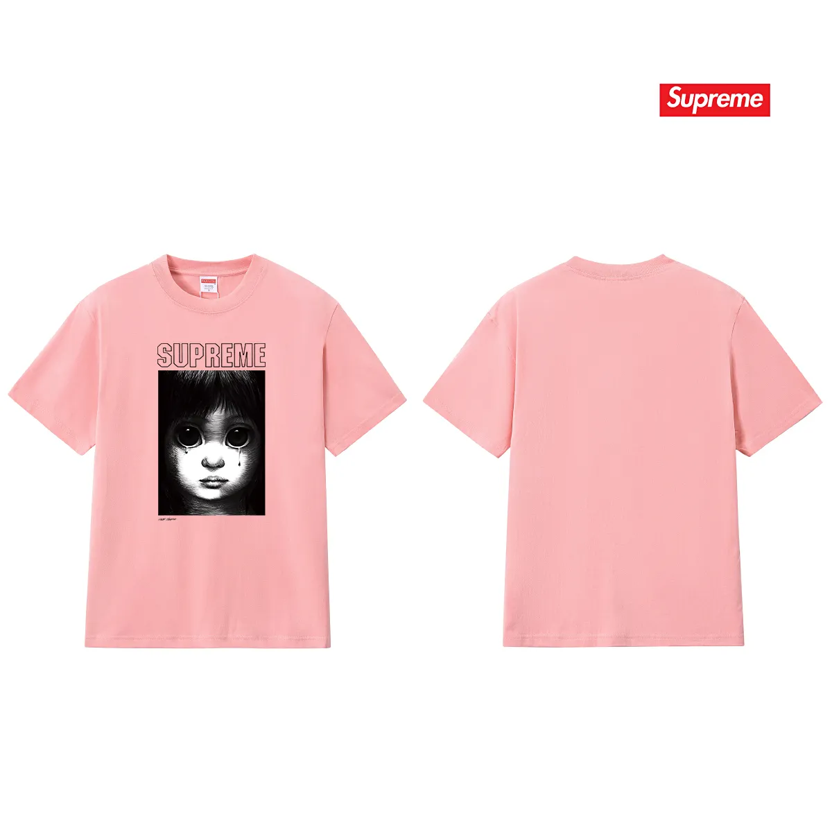 S177 P110💰 Sup SS24 MARGARET KEANE co-branded character pattern printed round neck short-sleeved T-shirt for men and women. Loose fit. Made of 260 grams of combed cotton double yarn. All three standards are complete from fabrics to accessories. ZP. Imported Matsui company slurry printing will never crack. The whole piece adopts three-needle five-thread technology. The neckline-shoulder seam-sleeve seam is double-lined, which looks more three-dimensional and textured.) The same process as the original version, classic version Feel free to compare zp. The whole piece adopts three-needle five-thread craftsmanship (neckline-shoulder seam-sleeve seam double thread, which looks more three-dimensional and textured). It has the same craftsmanship as the original original, classic version. Color: black, white, navy blue, light gray, pink. Size: S M L XL XXL
