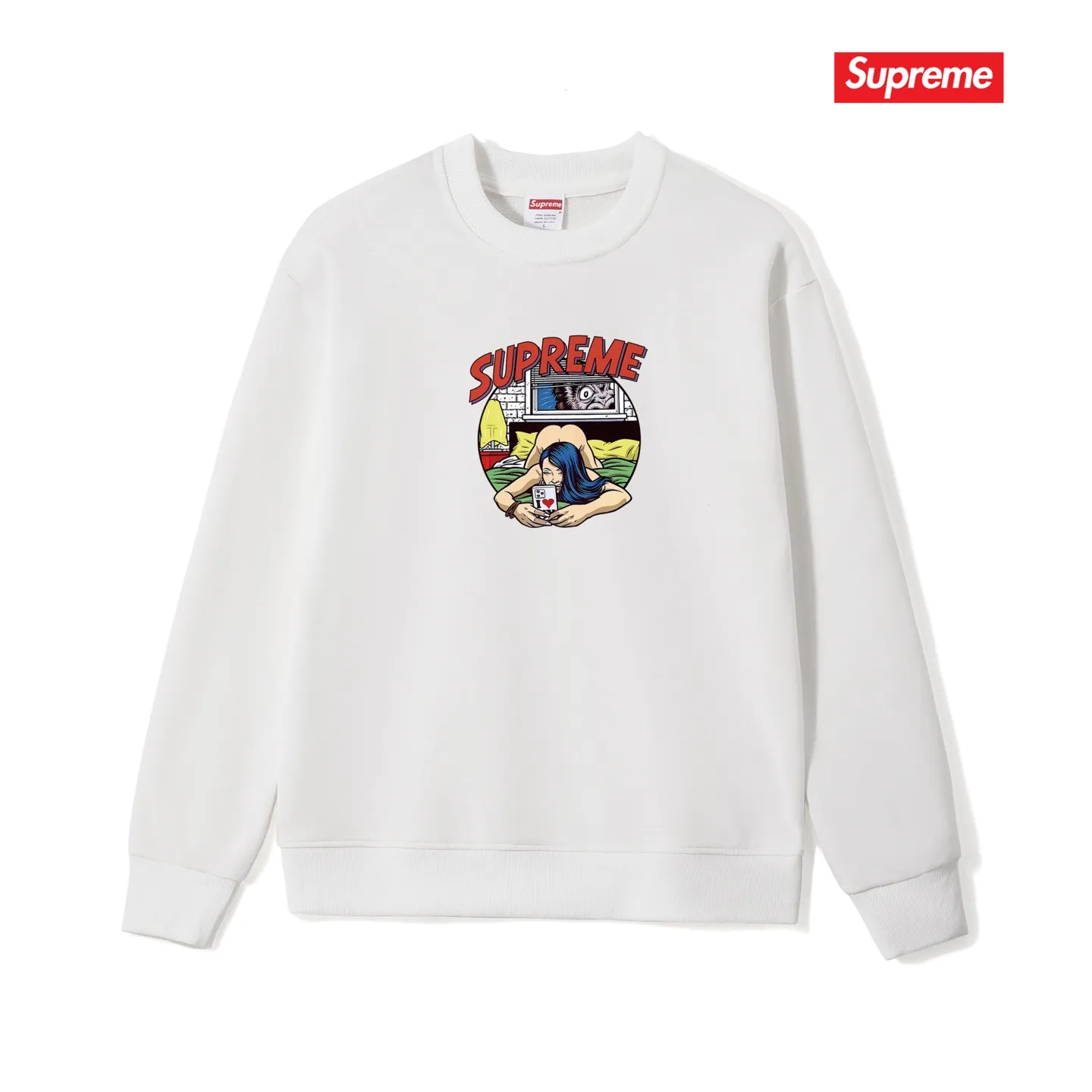 Style No. S1132 #terry p150💰 Velvet 160💰 Sup 80SS BEDROOM Bedroom Comic Girl Recumbent Round Neck Sweater Made of 400g large terry (drop shoulder large version) fabric, soft texture and no pilling Imported environmentally friendly printing glue The pattern is bright and three-dimensional Quality 💥Same style for men and women The upper body is trendy Color: Black White Gray Size: S M L XL XXL