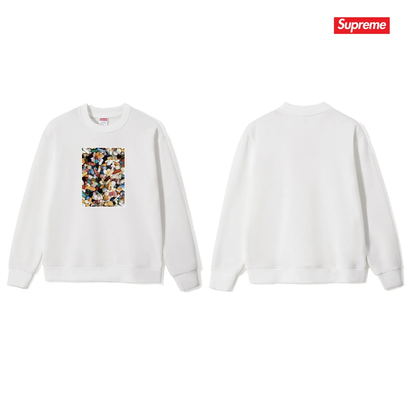 Style No. S1014 #terry p150💰 Velvet 160💰 Supreme Week 7 Pills Tee Pills Tee Printed Round Neck Sweater Made of 400g large terry (drop shoulder large version) fabric, soft and non-pilling texture, imported environmentally friendly printing glue, bright and three-dimensional pattern, quality💥unisex style, trendy upper body, color: black, white, gray, size: S M L XL XXL