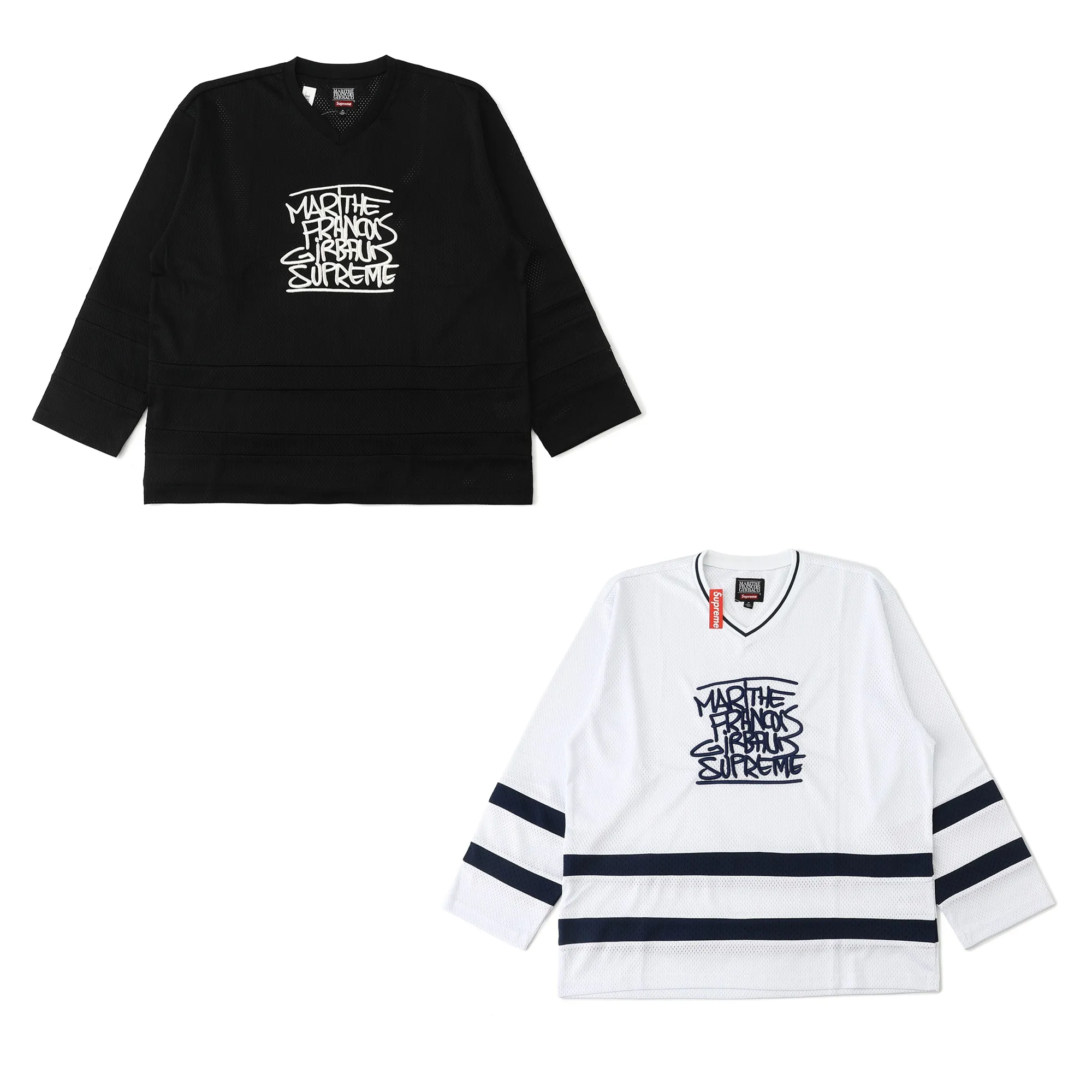🅿️240 S297 Supreme Marithé François Girbaud co-branded loose mesh American ice hockey jersey with logo embroidered on the chest. Same style for men and women. 250g mesh fabric. Customized accessories. Complete color. Black. White. Loose fit. Size: S M L 53 57 M 73 122 55 58 L 75 126 57 59 XL 77 130 59 60