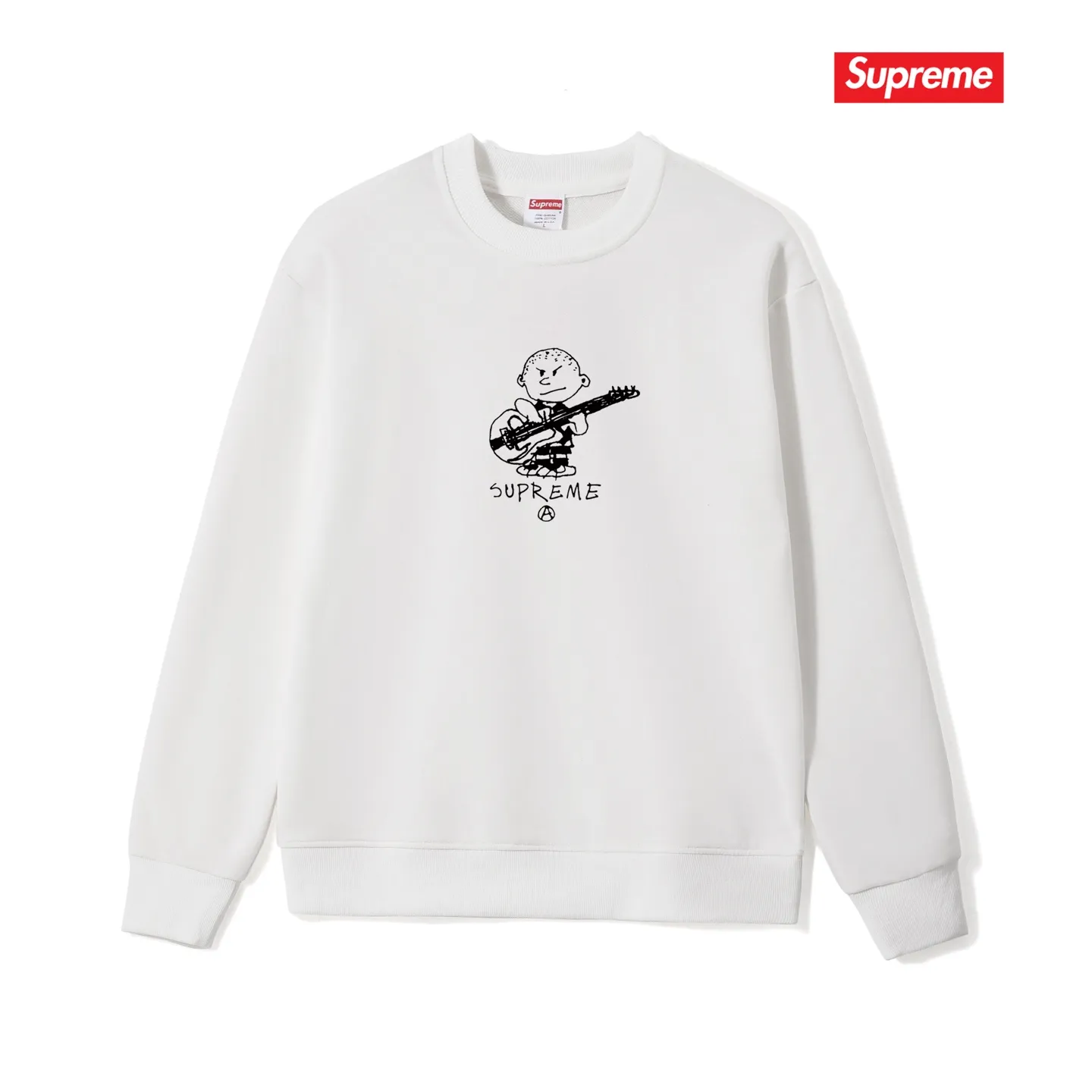 Style No. S1160 #terryp150💰 Plush 160💰 Sup 72FW Rocker Tee Rocker Tee rock guitarist child cartoon pattern round neck sweatshirt Made of 400 grams of large terry (drop shoulder large version) fabric, soft texture and no pilling Imported environmentally friendly printing glue The pattern is bright and three-dimensional Quality 💥Same style for men and women The upper body is fashionable Color: black white gray Size: S M L XL XXL