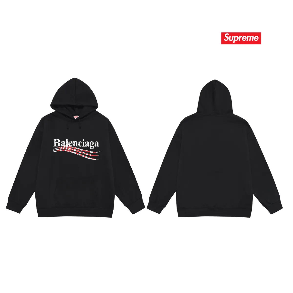 Style No. S2003 #terry P160💰 Velvet P170💰 Balenciaga co-branded supreme printed hooded sweatshirt Made of 400g large terry 430g silver fox velvet (off-shoulder large version) fabric, soft and non-pilling, imported environmentally friendly printing glue, bright and three-dimensional pattern, quality 💥Same style for men and women. The upper body is trendy. Color: black Size: S M L XL XXL