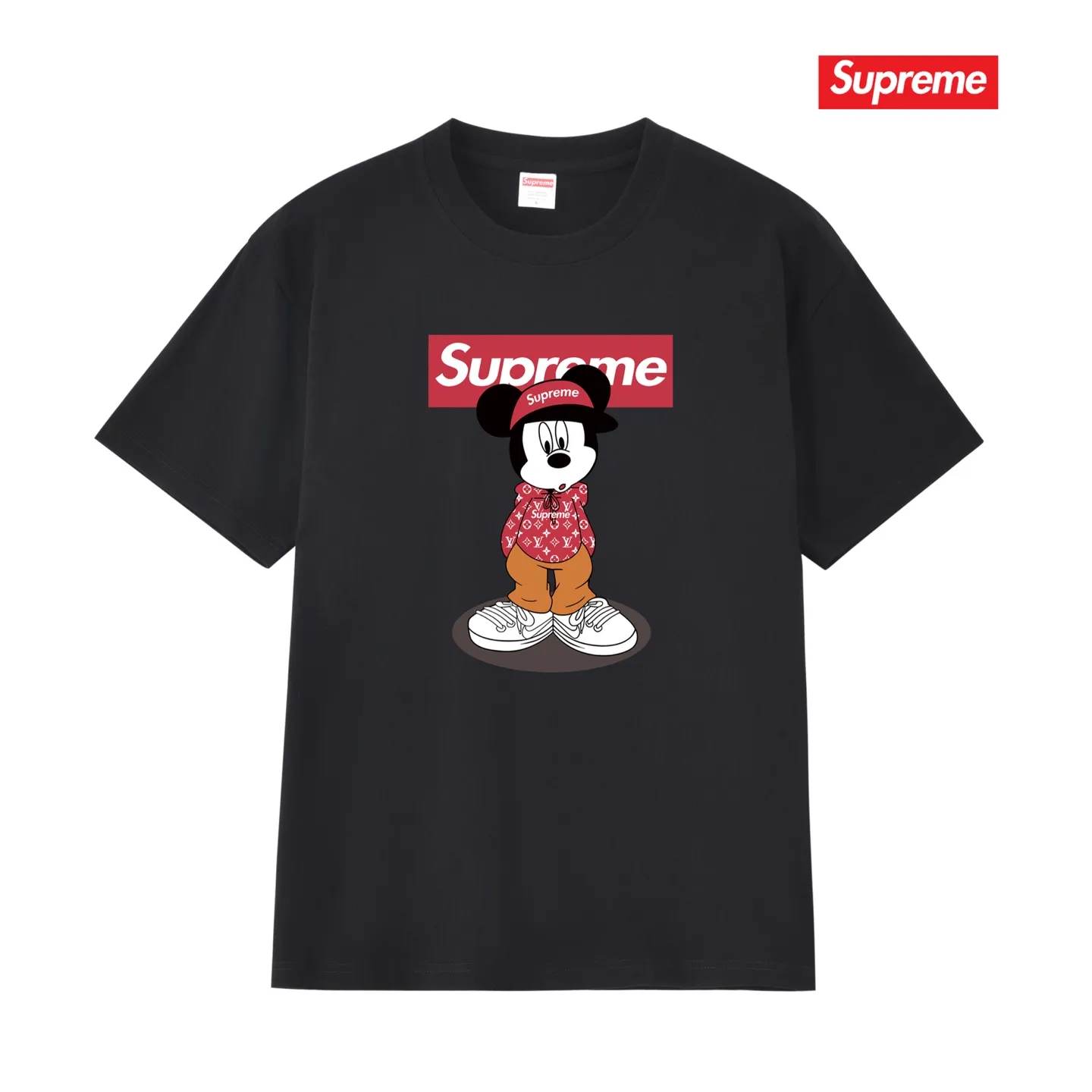 S235 P110💰 Supreme 2025 new Disney Mickey Mouse co-branded short-sleeved T-shirt for men in summer Mickey cartoon, loose fit, using 260 grams of combed cotton double yarn, all three standards from fabrics to accessories, ZP, imported Matsui company slurry printing will never crack, the whole piece adopts three-needle five-thread process. The neckline-shoulder seam-sleeve seam is double-lined, which looks more three-dimensional and textured) and the original version has the same craftsmanship and classic version. Feel free to compare zp. The whole piece adopts three-needle five-thread craftsmanship (neckline-shoulder seam-sleeve seam double thread, which looks more three-dimensional and textured). It has the same craftsmanship as the original original, classic version. Color: black, white, light gray, pink, navy. Size: S M L XL XXL