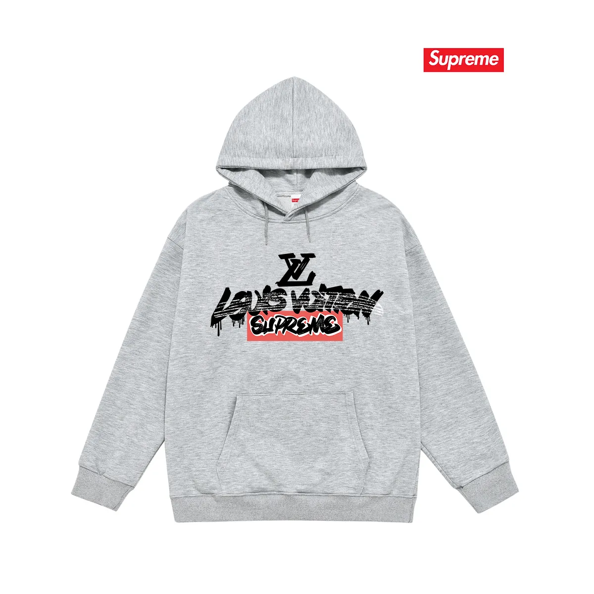 Style No. S2094 #terry P160💰 Velvet P170💰 1v 2023 new LV co-branded supreme printed hooded sweatshirt Made of 400g large terry 430g silver fox velvet (drop shoulder large version) fabric, soft texture and no pilling Imported environmentally friendly printing glue The pattern is bright and three-dimensional Quality 💥Same style for men and women The upper body is trendy Color: black white gray Size: S M L XL XXL