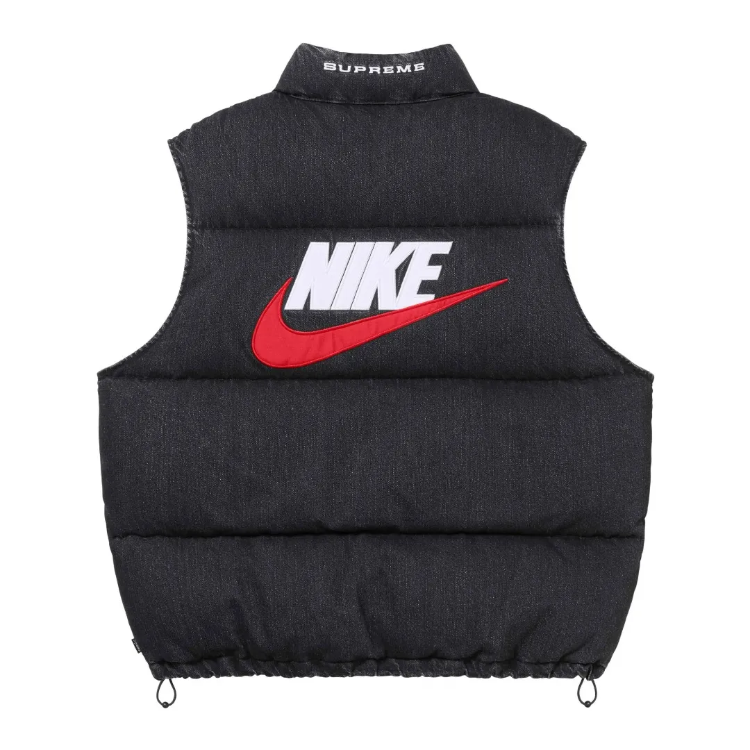 🅿️616 S317 top version Supreme Denim PUFFER VEST Nike co-branded denim vest. The original version has the same denim fabric texture. Windproof. The upper body is full of texture. The hardware accessories are No. 5 + No. 3 YKK zippers, which are consistent with the original version. Color: black blue Size: S~XL