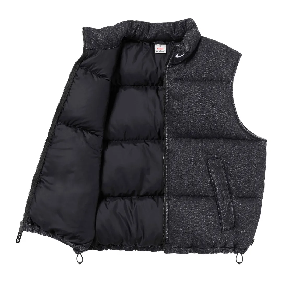 🅿️616 S317 top version Supreme Denim PUFFER VEST Nike co-branded denim vest. The original version has the same denim fabric texture. Windproof. The upper body is full of texture. The hardware accessories are No. 5 + No. 3 YKK zippers, which are consistent with the original version. Color: black blue Size: S~XL
