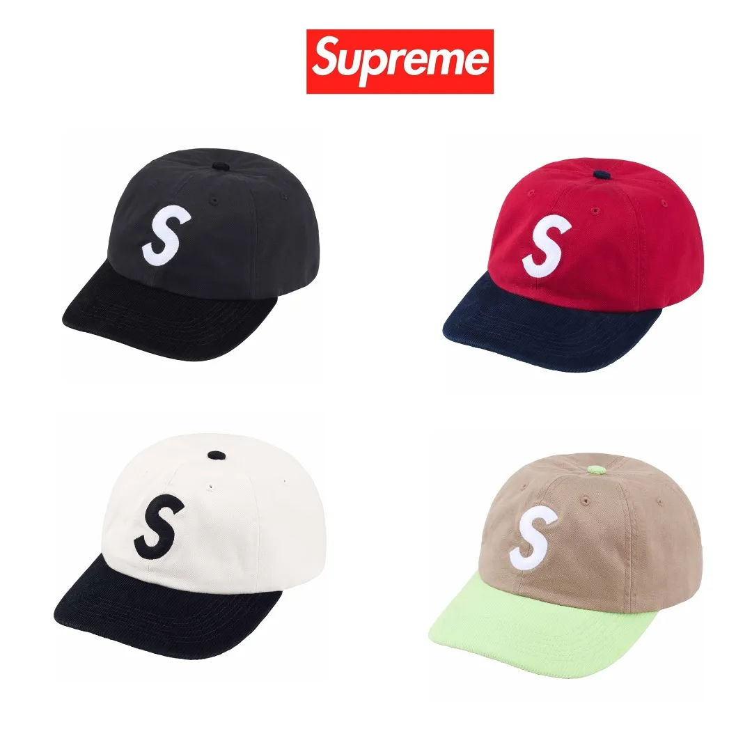 🅿️120 S162 Supreme 24SS 2-TONE S LOGO 6-PANEL Retro Color Block Embroidered Leather Button Hat Color: White Black Red Khaki