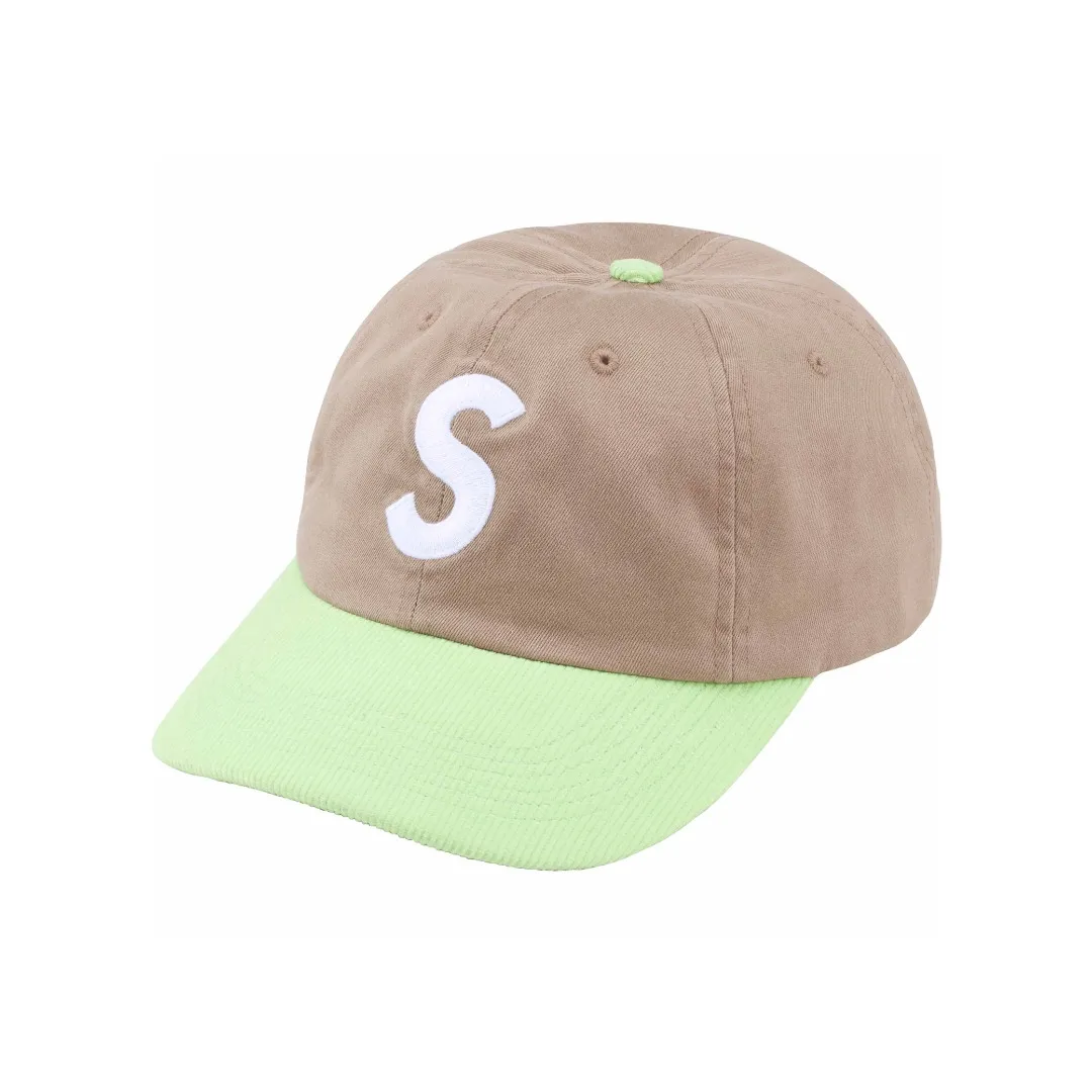 🅿️120 S162 Supreme 24SS 2-TONE S LOGO 6-PANEL Retro Color Block Embroidered Leather Button Hat Color: White Black Red Khaki