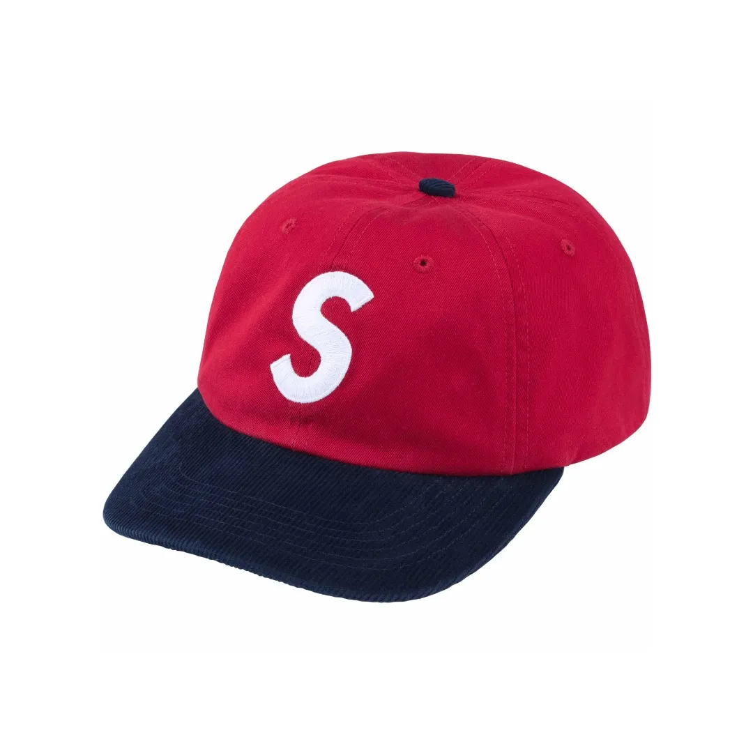 🅿️120 S162 Supreme 24SS 2-TONE S LOGO 6-PANEL Retro Color Block Embroidered Leather Button Hat Color: White Black Red Khaki