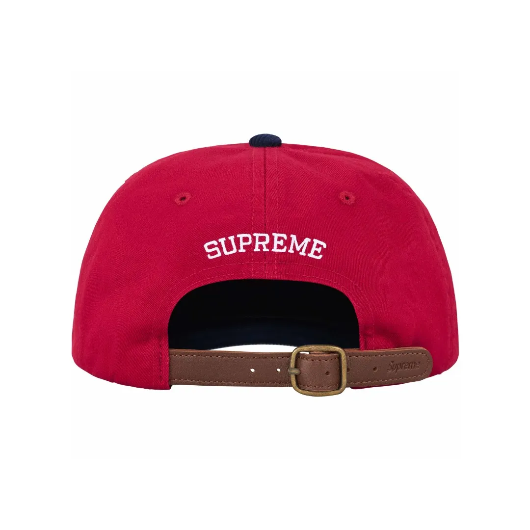🅿️120 S162 Supreme 24SS 2-TONE S LOGO 6-PANEL Retro Color Block Embroidered Leather Button Hat Color: White Black Red Khaki
