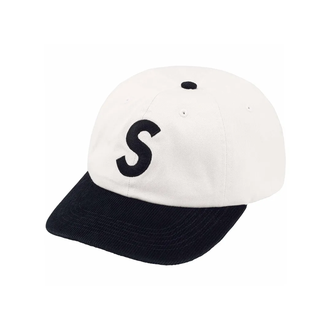 🅿️120 S162 Supreme 24SS 2-TONE S LOGO 6-PANEL Retro Color Block Embroidered Leather Button Hat Color: White Black Red Khaki
