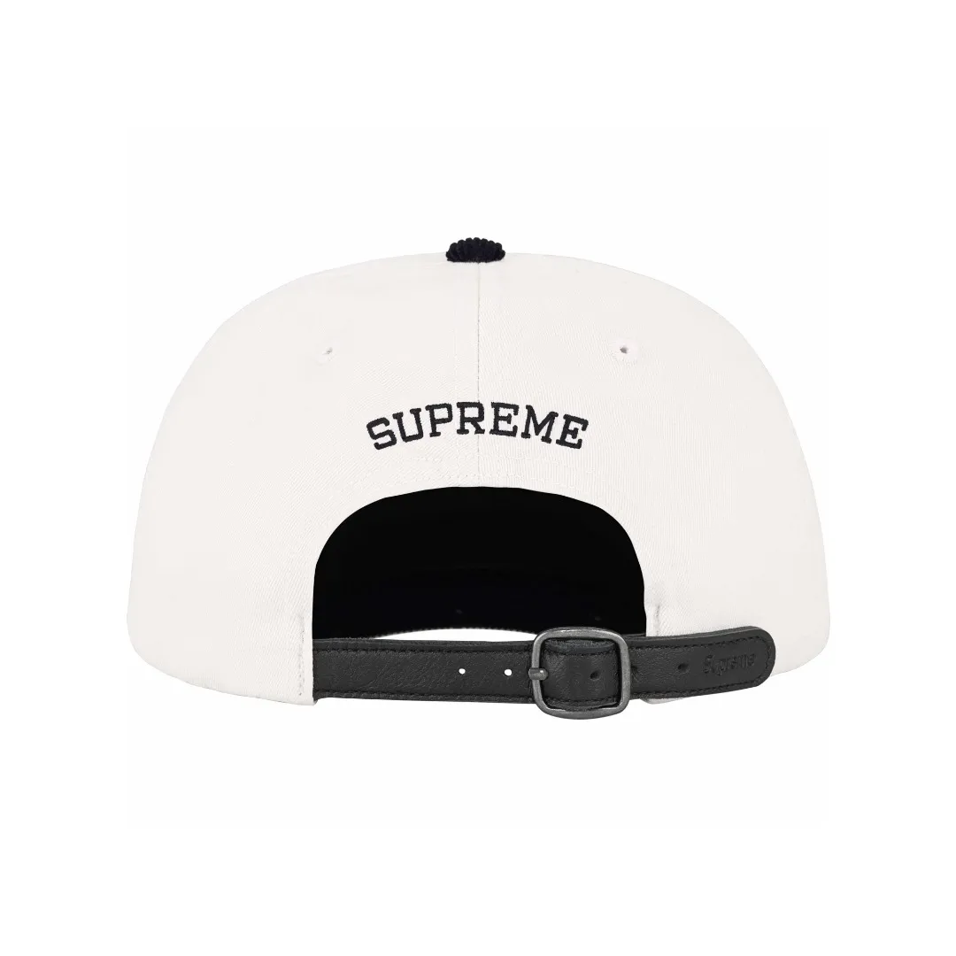 🅿️120 S162 Supreme 24SS 2-TONE S LOGO 6-PANEL Retro Color Block Embroidered Leather Button Hat Color: White Black Red Khaki
