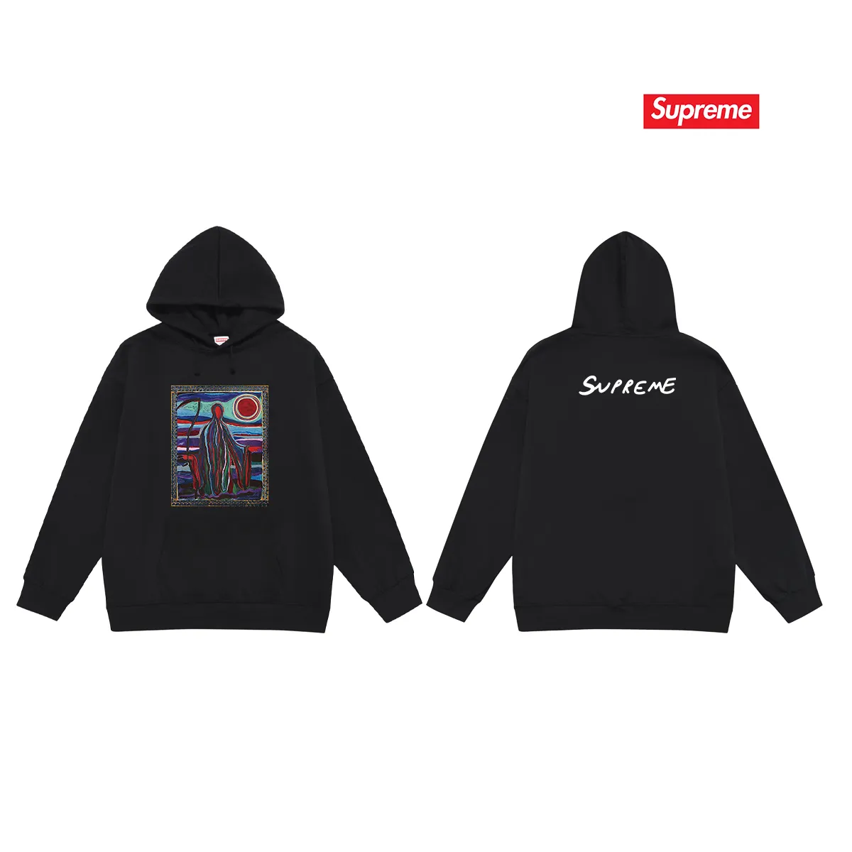 Style No. S2040 #terry P160💰 Velvet P170💰 Supreme SS19 Reaper Tee Reaper print hooded sweatshirt Made of 400g large terry 430g silver fox velvet (drop shoulder large version) fabric, soft texture and no pilling Imported environmentally friendly printing glue The pattern is bright and three-dimensional Quality 💥Same style for men and women The upper body is trendy Color: black white gray Size: S M L XL XXL