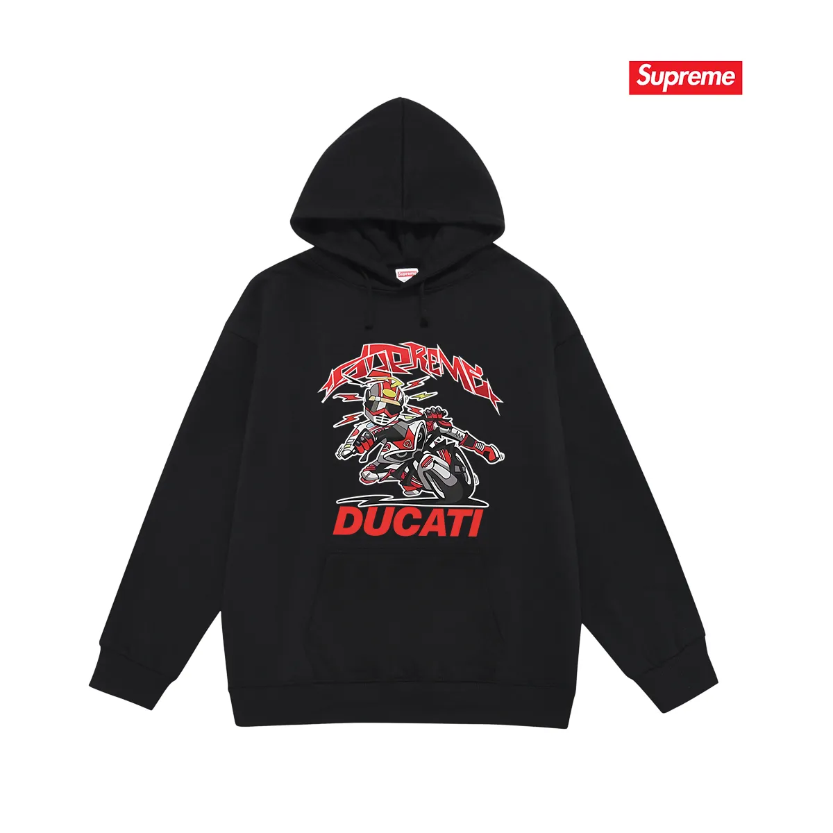 Style No. S2135 #terry P160💰 Velvet P170💰 Supreme Ducati co-branded motorcycle letter print hooded sweatshirt Made of 400g large terry 430g silver fox velvet (drop shoulder large version) fabric, soft texture and no pilling Imported environmentally friendly printing glue The pattern is bright and three-dimensional Quality 💥Same style for men and women The upper body is trendy Color: black white gray Size: S M L XL XXL