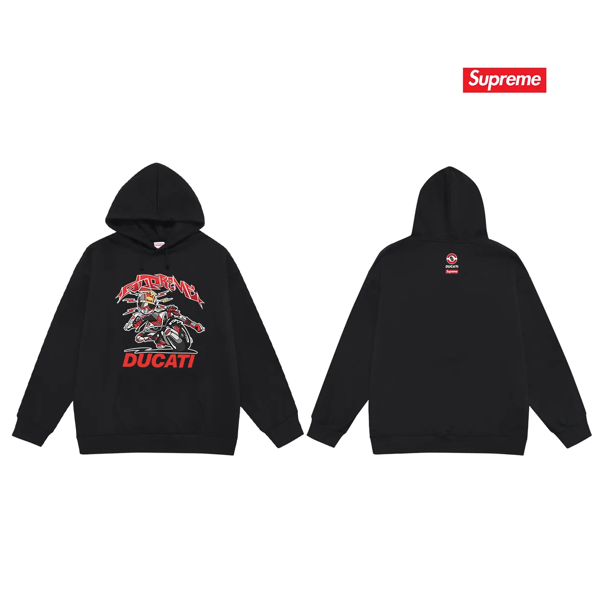 Style No. S2135 #terry P160💰 Velvet P170💰 Supreme Ducati co-branded motorcycle letter print hooded sweatshirt Made of 400g large terry 430g silver fox velvet (drop shoulder large version) fabric, soft texture and no pilling Imported environmentally friendly printing glue The pattern is bright and three-dimensional Quality 💥Same style for men and women The upper body is trendy Color: black white gray Size: S M L XL XXL