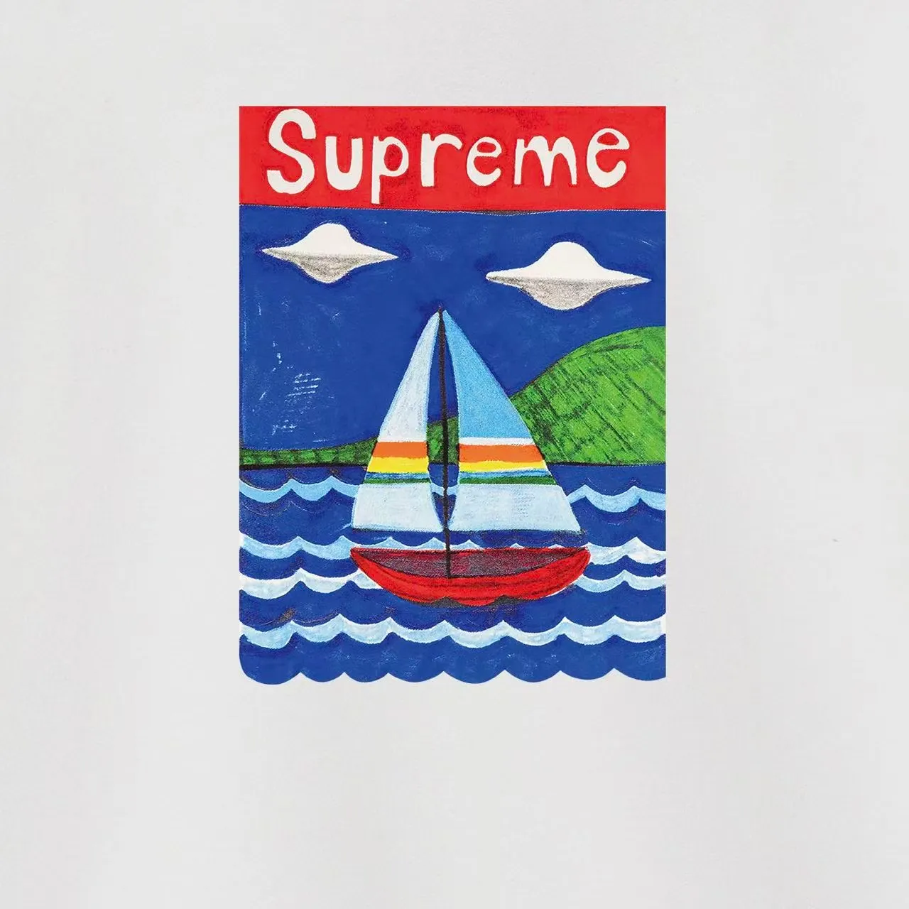 Style No. S1033 #terry p150💰 Velvet 160💰 Supreme SS20 Week 8 Sailboat Tee sailboat pattern letters round neck sweatshirt Made of 400g large terry (drop shoulder large version) fabric, soft texture and no pilling Imported environmentally friendly printing glue The pattern is bright and three-dimensional Quality 💥Same style for men and women The upper body is fashionable Color: black white gray Size: S M L XL XXL