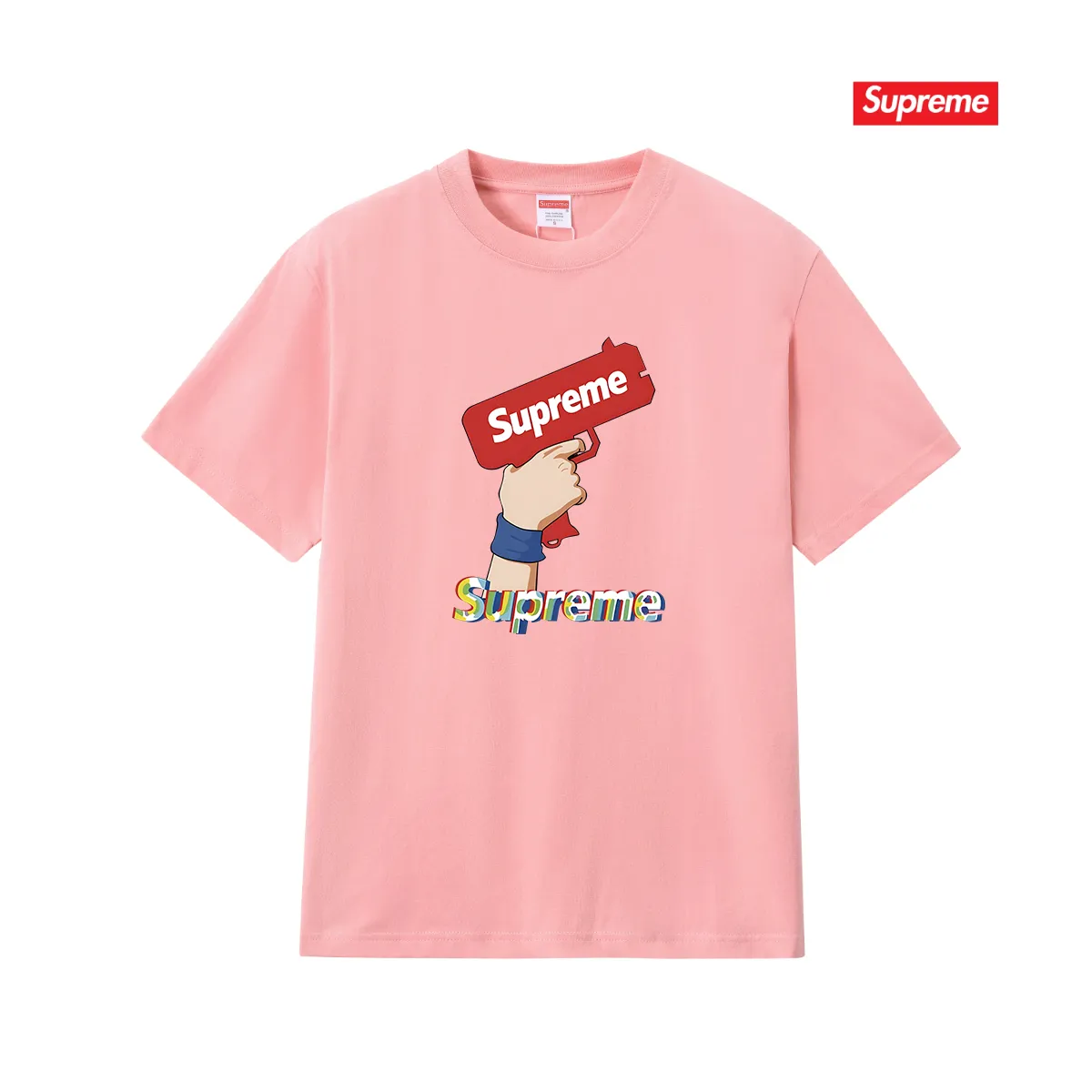 S257 P110💰 Supreme summer trendy brand pistol gesture printed short-sleeved men's and women's couple wear same style pure cotton round neck casual half-sleeved T-shirt. Loose fit. Made of 260g combed cotton double yarn. All three standards are complete from fabric to accessories. ZP. Imported Matsui company's slurry printing will never crack. The whole thing adopts three-needle five-thread process. The neckline-shoulder seam-sleeve seam is double-lined, which looks more three-dimensional and textured. The same process as the original version, classic version. Feel free to compare zp. The whole piece adopts three-needle five-thread craftsmanship (neckline-shoulder seam-sleeve seam double thread, which looks more three-dimensional and textured). It has the same craftsmanship as the original original, classic version. Color: black, white, light gray, pink, navy. Size: S M L XL XXL
