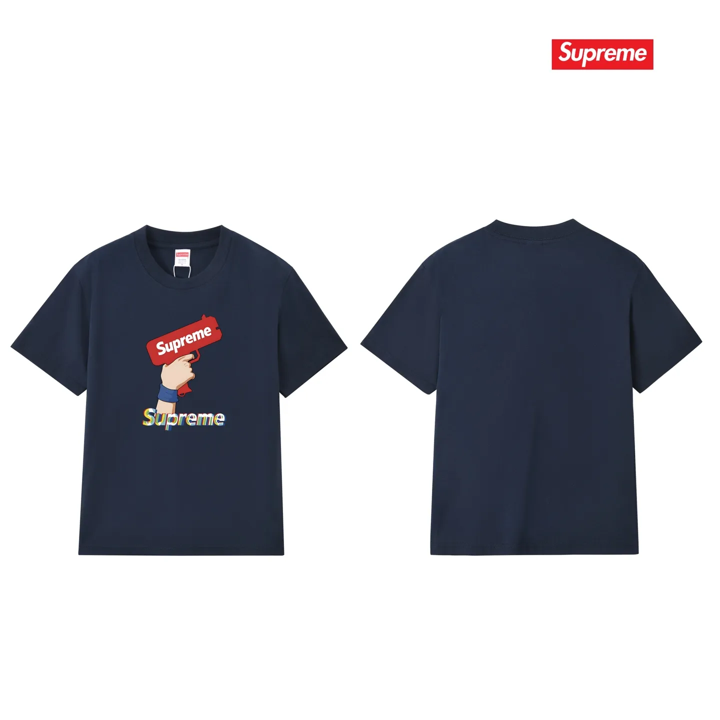 S257 P110💰 Supreme summer trendy brand pistol gesture printed short-sleeved men's and women's couple wear same style pure cotton round neck casual half-sleeved T-shirt. Loose fit. Made of 260g combed cotton double yarn. All three standards are complete from fabric to accessories. ZP. Imported Matsui company's slurry printing will never crack. The whole thing adopts three-needle five-thread process. The neckline-shoulder seam-sleeve seam is double-lined, which looks more three-dimensional and textured. The same process as the original version, classic version. Feel free to compare zp. The whole piece adopts three-needle five-thread craftsmanship (neckline-shoulder seam-sleeve seam double thread, which looks more three-dimensional and textured). It has the same craftsmanship as the original original, classic version. Color: black, white, light gray, pink, navy. Size: S M L XL XXL
