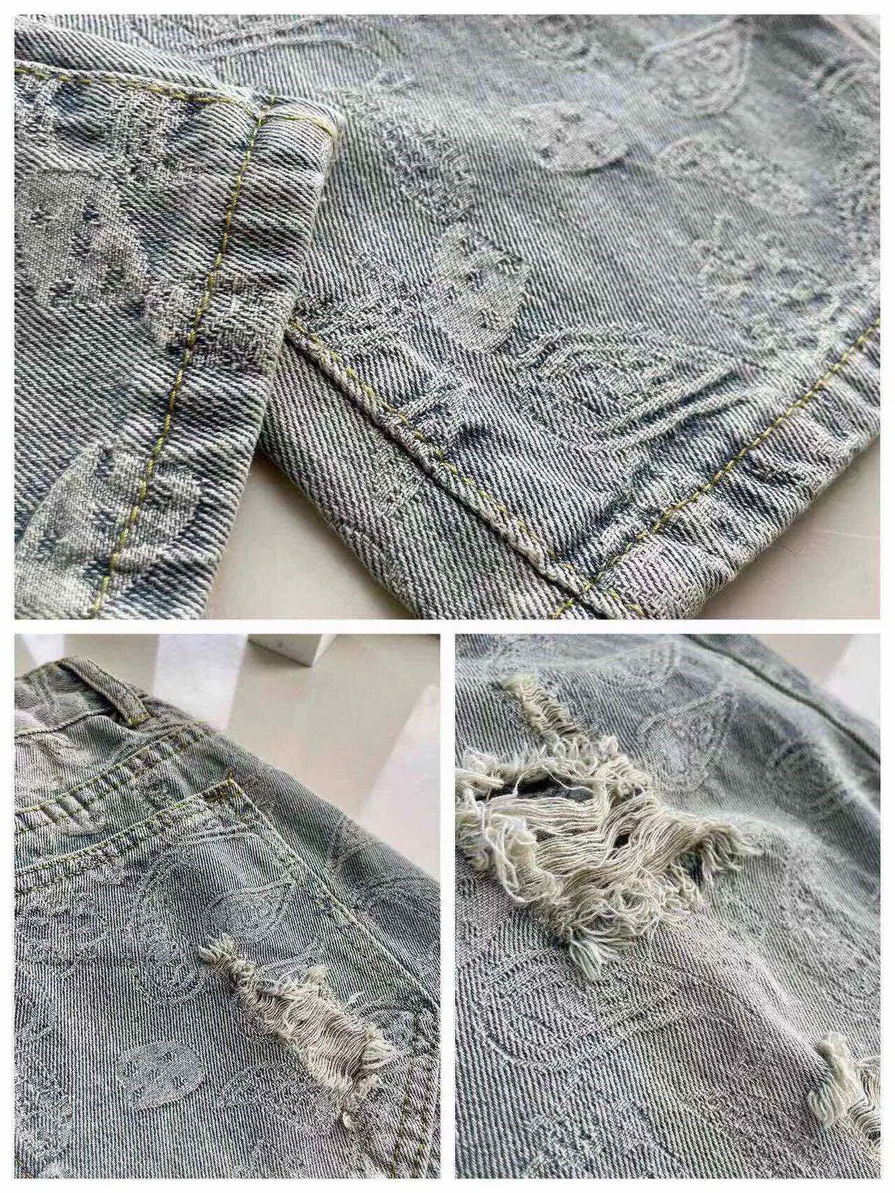P186 Supreme 2022 new all-over printed jacquard distressed cashew flower straight ripped jeans. Tops for all major trendsetters. Same style as Cai Xukun and Jay Chou. Supreme was founded as a famous street art brand in the United States in 1994. This classic logo with white letters and red background has really spread all over the streets. Everything can be used. Supreme is not just talk. Supreme has always insisted on local production. Although it is a little expensive, it is more reliable. The earliest items, such as simple hats and short sleeves, were spread by word of mouth in the skateboarding circle. Today, all kinds of items are popular as long as they have a sup label. Among them, there are many items with cashew flower elements, such as the 2020 denim jacket and jeans. The 2019 joint series is really a hit. This year’s new jeans are super awesome. The fabric restores the original jacquard process. After washing, it is fully printed jacquard. A variety of warp and weft jacquard makes the effect very full, and multiple frayed cat whiskers are used. These are really amazing pants. I really like the feeling of slight accumulation on the trouser legs. I won’t say more about washing. The real thing is king! The counter accessories are complete with three standards, everyone! Just rush and that's it!  Color: distressed blue Size: M～XXL M waist 74 hips 112 pants length 100 L waist 93 hips 116 pants length 101 XL waist 82 hips 120 pants length 102 2XL waist 86 hips 114 pants length 104