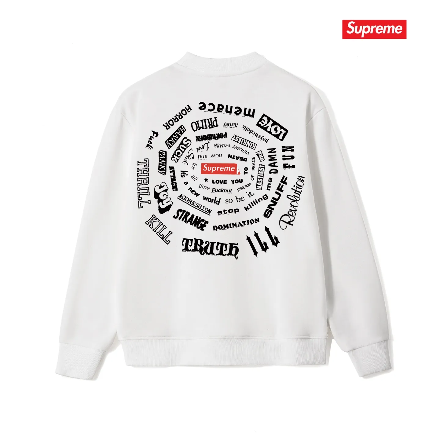 Style No. S1059 #terry p150💰 Velvet 160💰 Supreme SS21 Spiral Tee Spiral Letter Unisex Round Neck Sweatshirt Made of 400g large terry (drop shoulder large version) fabric, soft texture and no pilling Imported environmentally friendly printing glue The pattern is bright and three-dimensional Quality 💥 Unisex The upper body is trendy Color: Black White Gray Size: S M L XL XXL