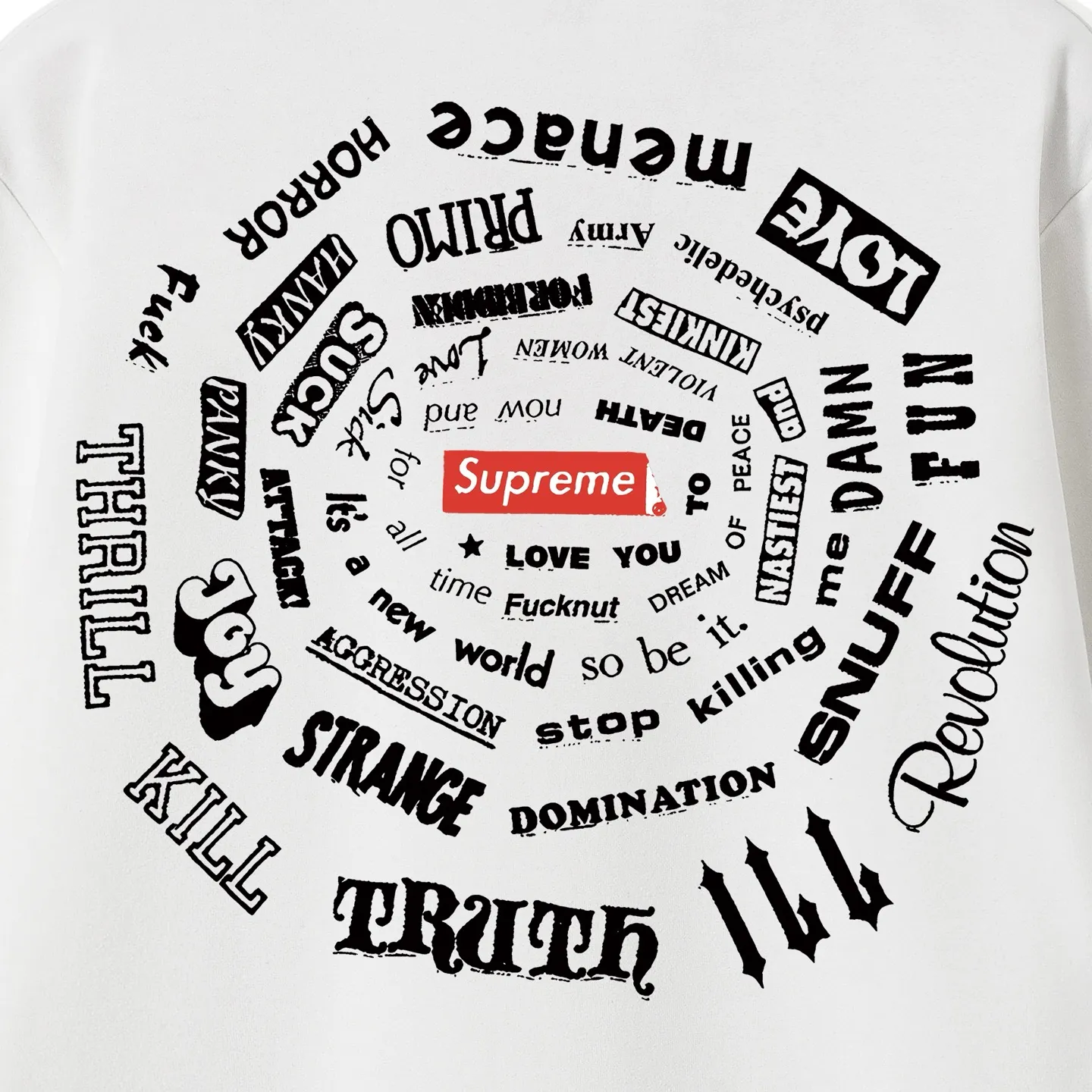 Style No. S1059 #terry p150💰 Velvet 160💰 Supreme SS21 Spiral Tee Spiral Letter Unisex Round Neck Sweatshirt Made of 400g large terry (drop shoulder large version) fabric, soft texture and no pilling Imported environmentally friendly printing glue The pattern is bright and three-dimensional Quality 💥 Unisex The upper body is trendy Color: Black White Gray Size: S M L XL XXL