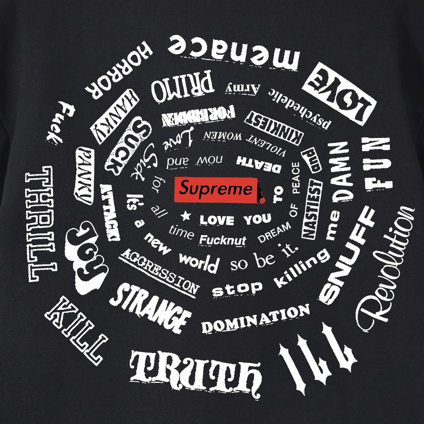Style No. S1059 #terry p150💰 Velvet 160💰 Supreme SS21 Spiral Tee Spiral Letter Unisex Round Neck Sweatshirt Made of 400g large terry (drop shoulder large version) fabric, soft texture and no pilling Imported environmentally friendly printing glue The pattern is bright and three-dimensional Quality 💥 Unisex The upper body is trendy Color: Black White Gray Size: S M L XL XXL