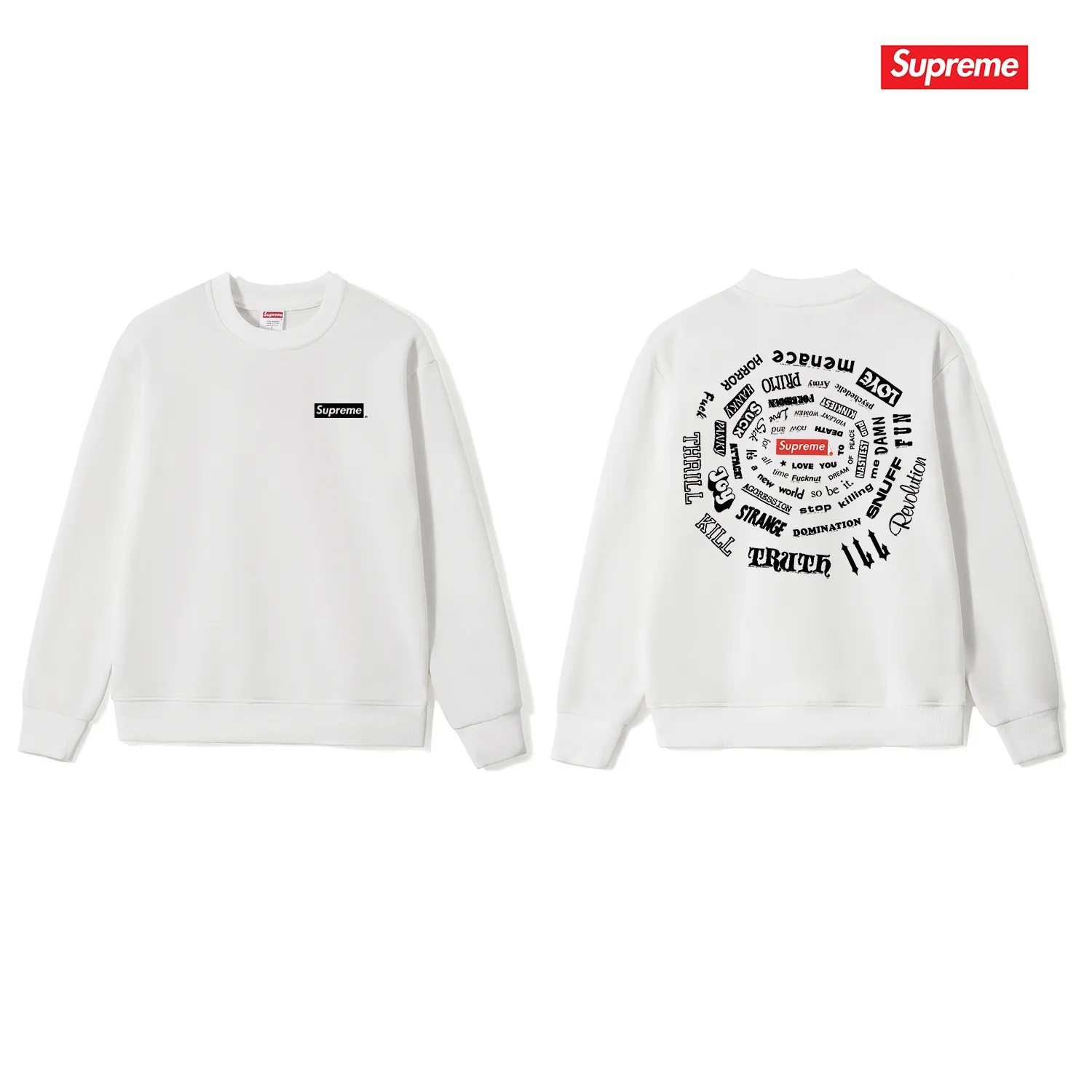 Style No. S1059 #terry p150💰 Velvet 160💰 Supreme SS21 Spiral Tee Spiral Letter Unisex Round Neck Sweatshirt Made of 400g large terry (drop shoulder large version) fabric, soft texture and no pilling Imported environmentally friendly printing glue The pattern is bright and three-dimensional Quality 💥 Unisex The upper body is trendy Color: Black White Gray Size: S M L XL XXL