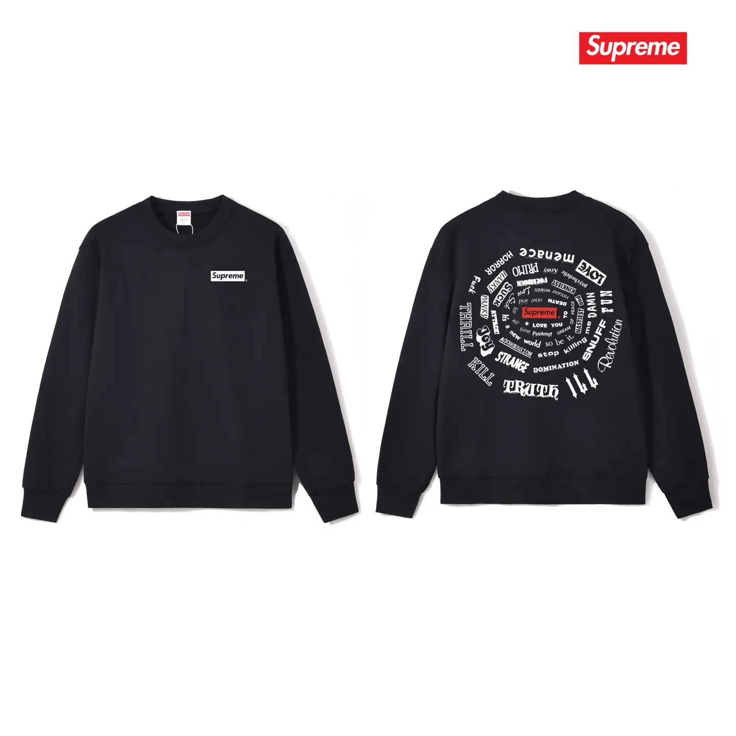 Style No. S1059 #terry p150💰 Velvet 160💰 Supreme SS21 Spiral Tee Spiral Letter Unisex Round Neck Sweatshirt Made of 400g large terry (drop shoulder large version) fabric, soft texture and no pilling Imported environmentally friendly printing glue The pattern is bright and three-dimensional Quality 💥 Unisex The upper body is trendy Color: Black White Gray Size: S M L XL XXL