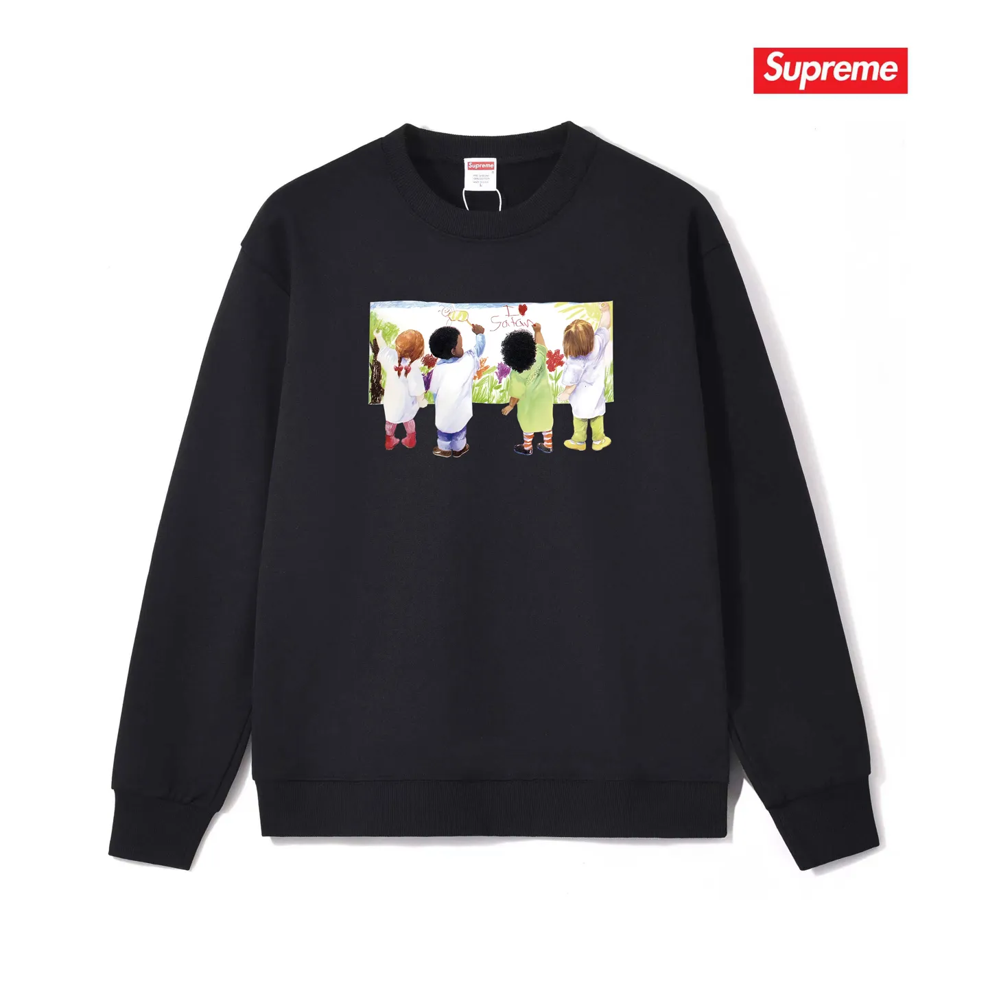 Style No. S1090 #terry p150💰 Velvet 160💰 Supreme SS19 Kids Tee Back children's graffiti round neck sweatshirt Made of 400 grams of large terry (drop shoulder large version) fabric, soft texture and no pilling Imported environmentally friendly printing glue The pattern is bright and three-dimensional Quality💥Same style for men and women The upper body is trendy Color: black white gray Size: S M L XL XXL