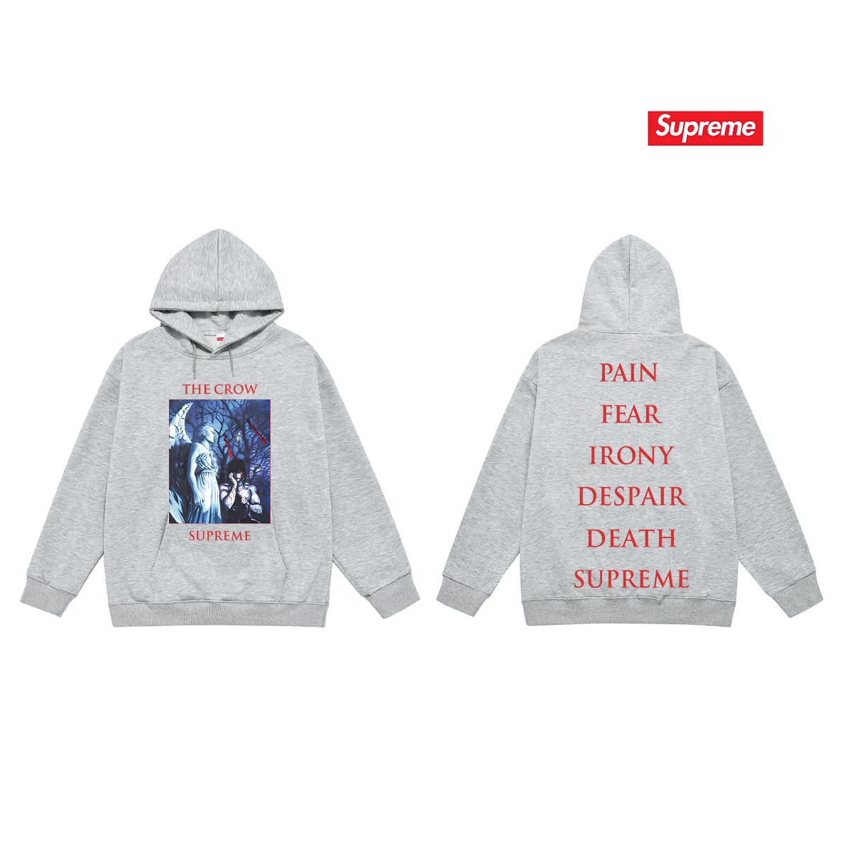 Style No. S2105 #terry P160💰 Velvet P170💰 Supreme Week4 xThe Crow joint Tee crow angel devil pattern printed hooded sweatshirt Made of 400g large terry 430g silver fox velvet (drop shoulder large version) fabric, soft texture and no pilling Imported environmentally friendly printing glue The pattern is bright and three-dimensional Quality 💥Same style for men and women The upper body is trendy Color: black white gray Size: S M L XL XXL