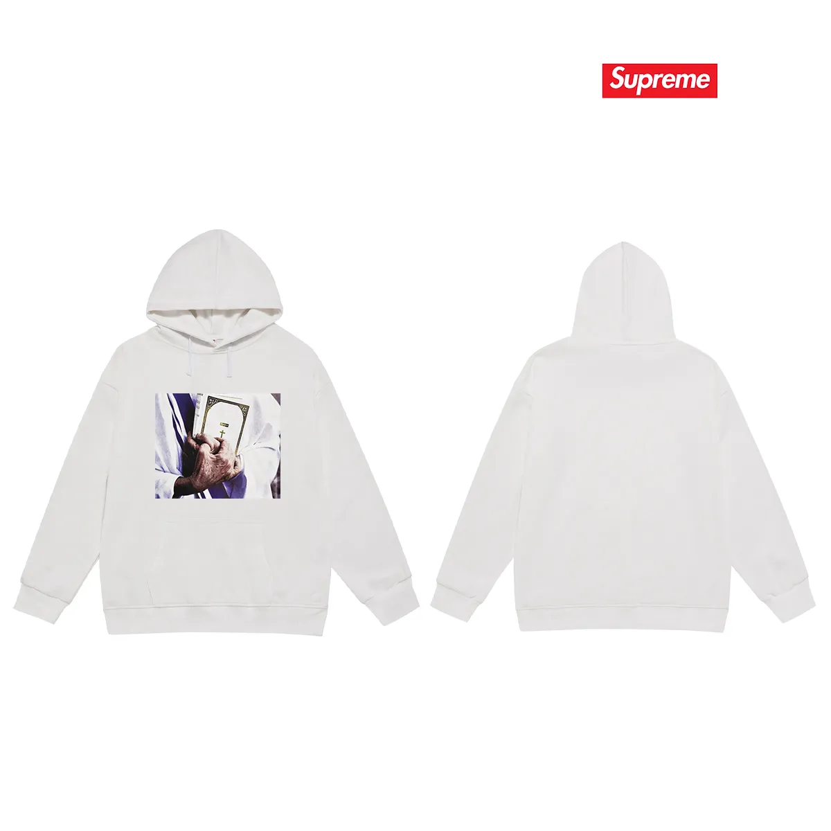 Style No. S2031 #terry P160💰 Velvet P170💰 Supreme FW19 Week 7 Bible Tee printed hooded sweatshirt Made of 400g large terry 430g silver fox velvet (drop shoulder large version) fabric, soft texture and no pilling Imported environmentally friendly printing glue The pattern is bright and three-dimensional Quality 💥Same style for men and women The upper body is trendy Color: black white gray Size: S M L XL XXL