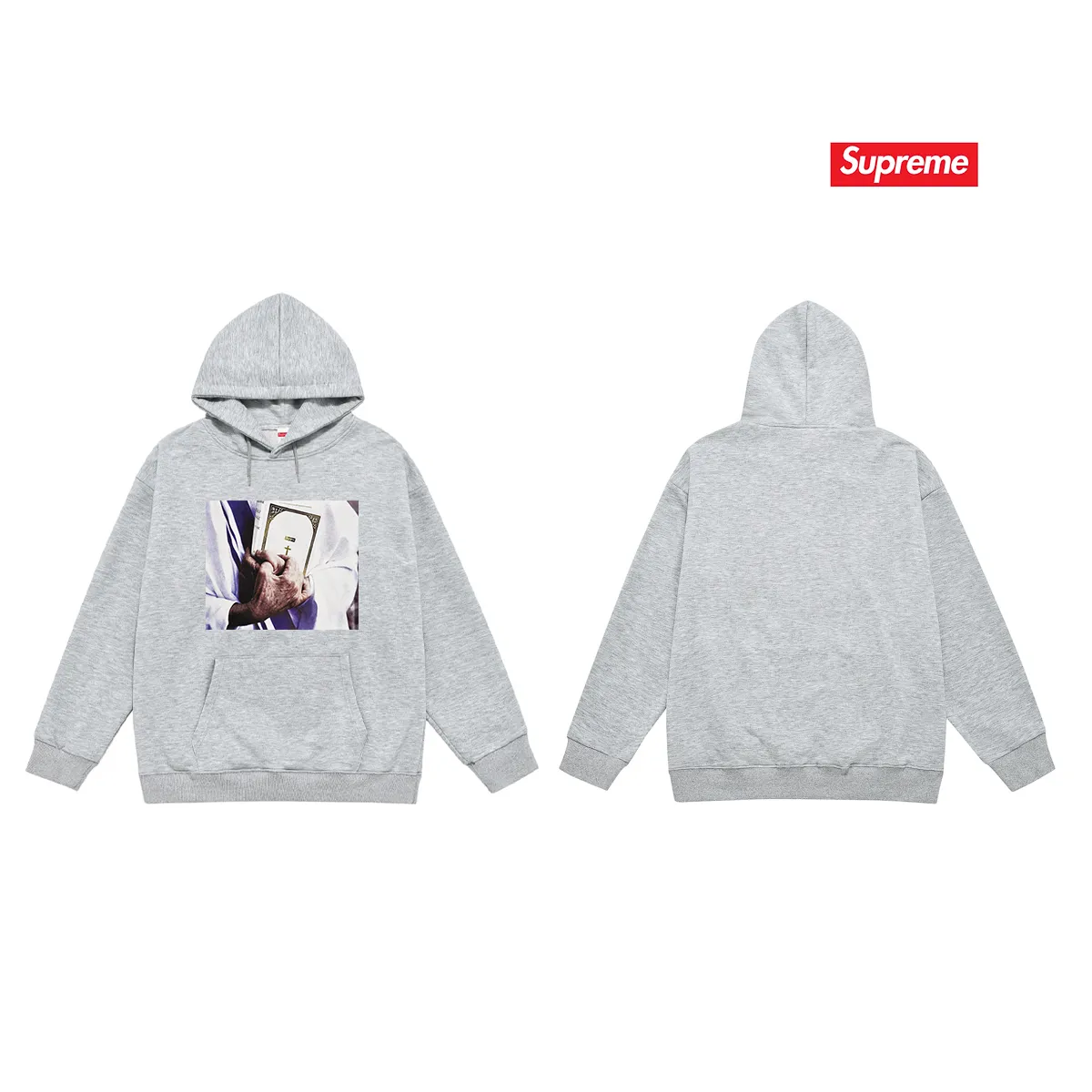Style No. S2031 #terry P160💰 Velvet P170💰 Supreme FW19 Week 7 Bible Tee printed hooded sweatshirt Made of 400g large terry 430g silver fox velvet (drop shoulder large version) fabric, soft texture and no pilling Imported environmentally friendly printing glue The pattern is bright and three-dimensional Quality 💥Same style for men and women The upper body is trendy Color: black white gray Size: S M L XL XXL