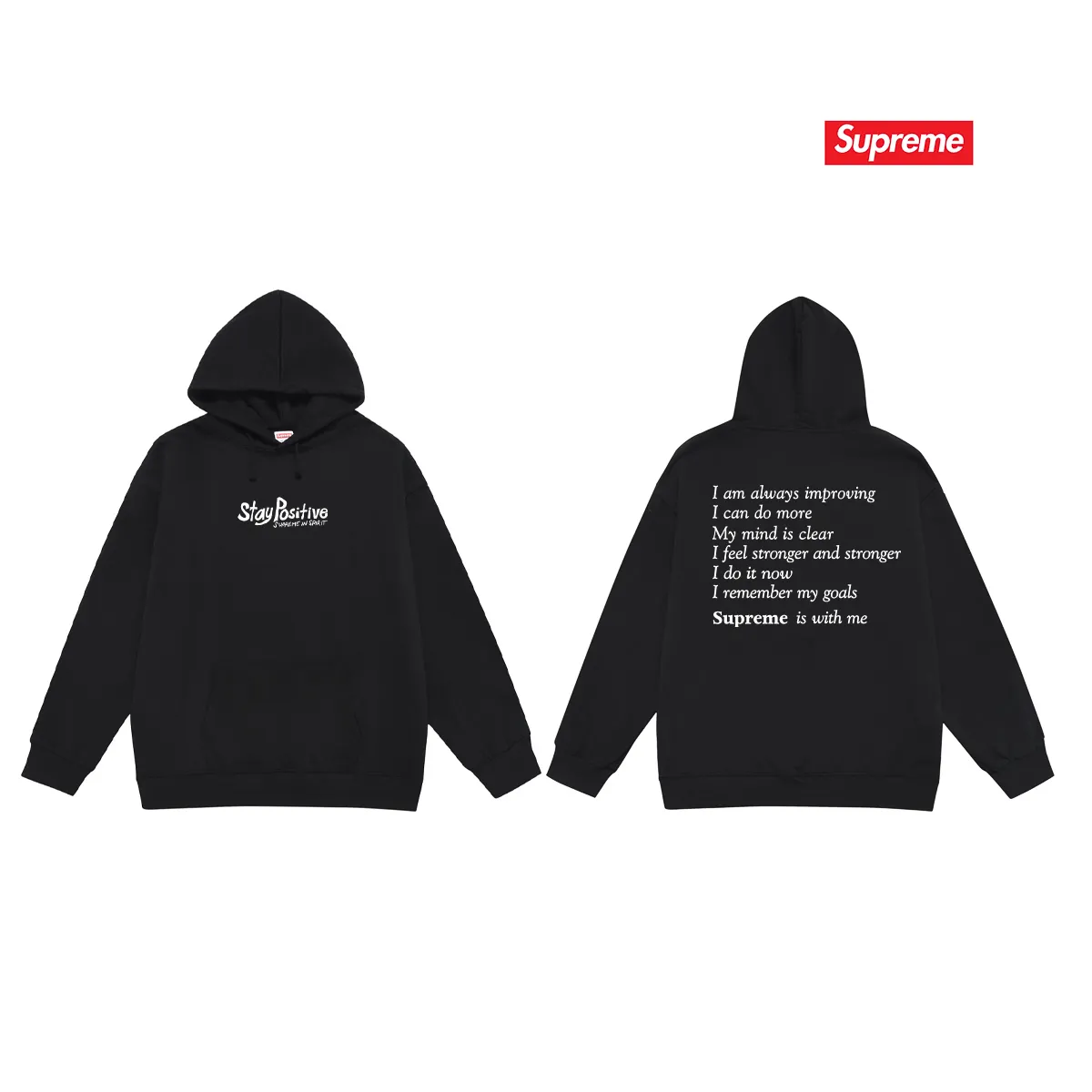 Style No. S2233 #terry P160💰 Velvet P170💰 Supreme Week 1 Stay Positive Tee Stay Positive English print hooded sweatshirt Made of 400g large terry 430g silver fox velvet (drop shoulder large version) fabric, soft texture and no pilling Imported environmentally friendly printing glue The pattern is bright and three-dimensional Quality 💥Same style for men and women The upper body is trendy Color: black white gray Size: S M L XL XXL