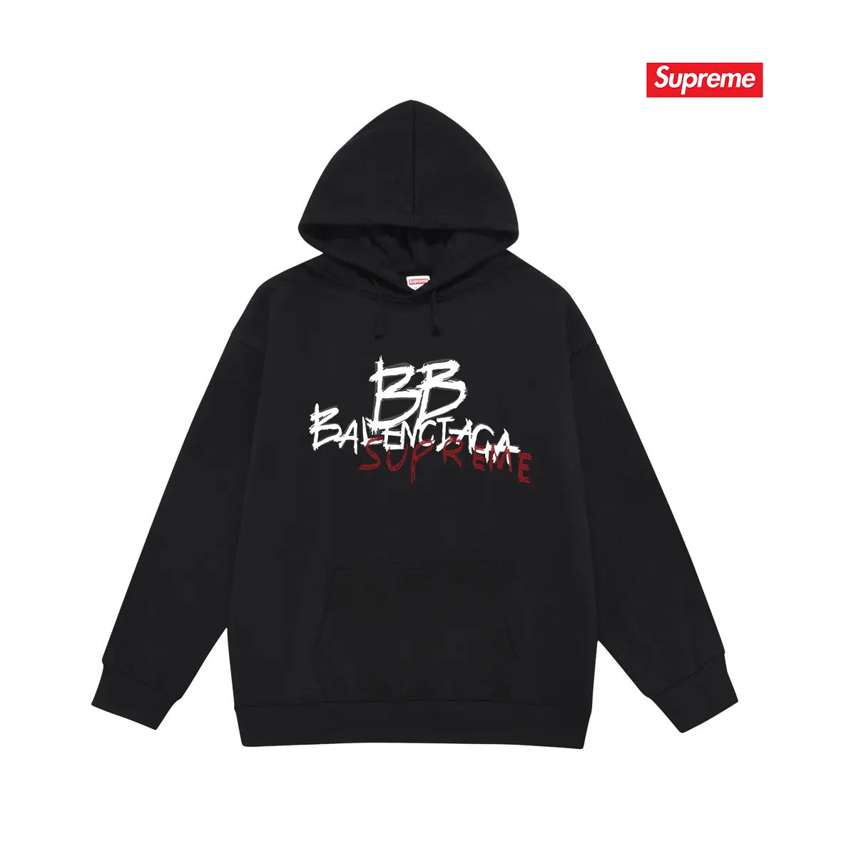 Style No. S2063 #terry P160💰 Velvet P170💰 Balenciaga co-branded supreme printed hooded sweatshirt Made of 400g large terry 430g silver fox velvet (off-shoulder large version) fabric, soft and non-pilling, imported environmentally friendly printing glue, bright and three-dimensional pattern, quality 💥Same style for men and women. The upper body is trendy. Color: black white gray Size: S M L XL XXL