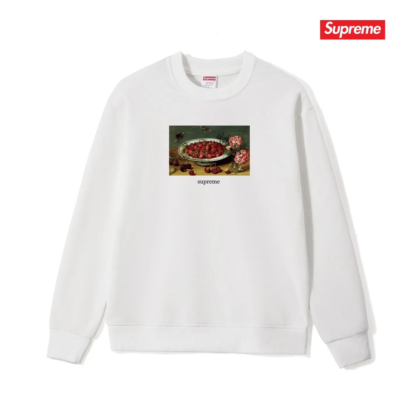 Style No. S1016 #terry p150💰 Velvet 160💰 Supreme SS23 Week9 STRAWBERRIES TEE Strawberry pattern printed round neck sweatshirt Made of 400 grams of large terry (drop shoulder large version) fabric, soft texture and no pilling Imported environmentally friendly printing glue The pattern is bright and three-dimensional Quality 💥Same style for men and women The upper body is trendy Color: black white gray Size: S M L XL XXL