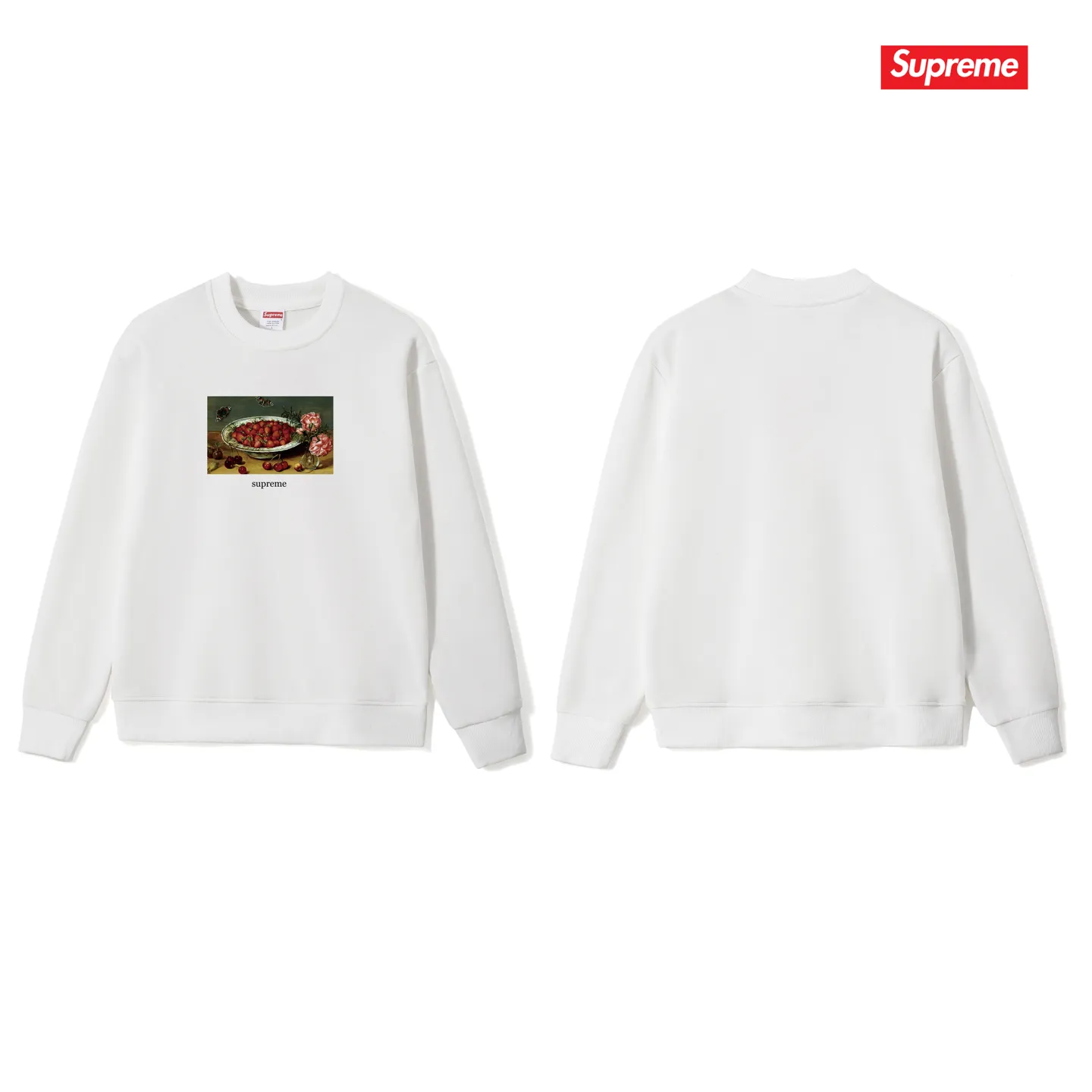 Style No. S1016 #terry p150💰 Velvet 160💰 Supreme SS23 Week9 STRAWBERRIES TEE Strawberry pattern printed round neck sweatshirt Made of 400 grams of large terry (drop shoulder large version) fabric, soft texture and no pilling Imported environmentally friendly printing glue The pattern is bright and three-dimensional Quality 💥Same style for men and women The upper body is trendy Color: black white gray Size: S M L XL XXL