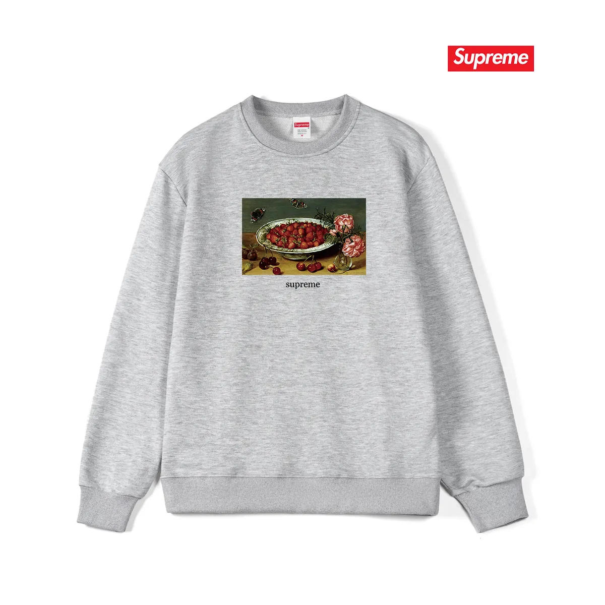 Style No. S1016 #terry p150💰 Velvet 160💰 Supreme SS23 Week9 STRAWBERRIES TEE Strawberry pattern printed round neck sweatshirt Made of 400 grams of large terry (drop shoulder large version) fabric, soft texture and no pilling Imported environmentally friendly printing glue The pattern is bright and three-dimensional Quality 💥Same style for men and women The upper body is trendy Color: black white gray Size: S M L XL XXL