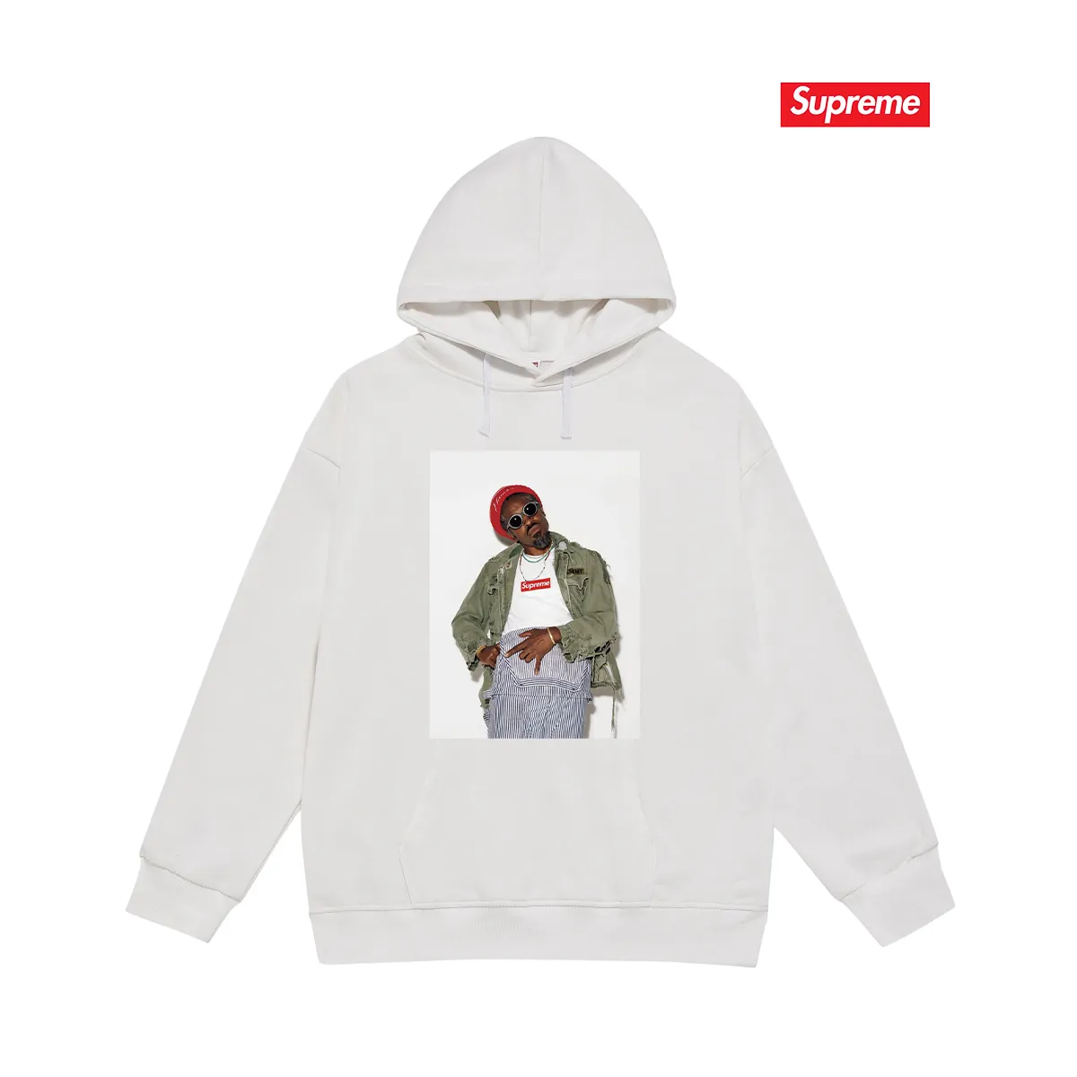 Style No. S2056 #terry P160💰 Velvet P170💰 Supreme FW22 Week1 André 3000 Tee André Benjamin photo character pattern printed hooded sweatshirt Made of 400g large terry 430g silver fox velvet (drop shoulder large version) fabric, soft texture and no pilling, imported environmentally friendly printing glue, bright and three-dimensional pattern, quality 💥 Unisex style, the upper body is trendy Color: Black White Gray Size: S M L XL XXL
