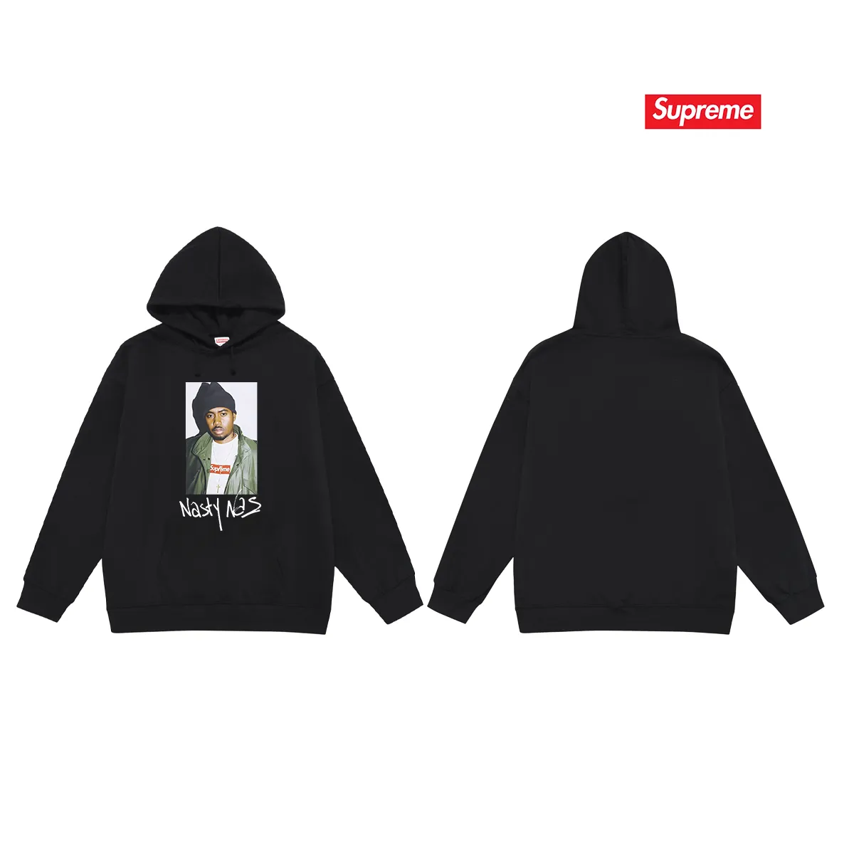 Style No. S2114 #terry P160💰 Velvet P170💰 Supreme FW17 Nas Tee Black rapper pattern unisex hooded sweatshirt Made of 400g large terry 430g silver fox velvet (drop shoulder large version) fabric, soft texture and no pilling Imported environmentally friendly printing glue The pattern is bright and three-dimensional Quality 💥 Unisex style The upper body is trendy Color: black white gray Size: S M L XL XXL