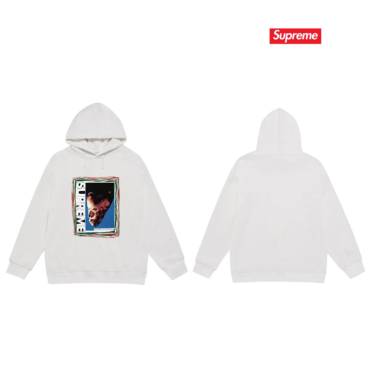 Style No. S2096 #terry P160💰 Velvet P170💰 Supreme SS22 Week 19 Mask Tee letter mask pattern printed hooded sweatshirt Made of 400g large terry 430g silver fox velvet (off-shoulder large version) fabric, soft and non-pilling texture, imported environmentally friendly printing glue, bright and three-dimensional pattern, quality 💥Same style for men and women. The upper body is trendy. Color: black white gray Size: S M L XL XXL