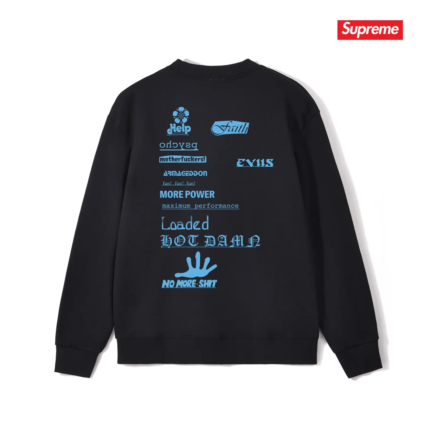 Style No. S1243 #terry p150💰 Velvet 160💰 Supreme Week 17 No More Shit Tee round neck sweatshirt Made of 400g large terry (drop shoulder large version) fabric, soft texture and no pilling Imported environmentally friendly printing glue The pattern is bright and three-dimensional Quality 💥Same style for men and women The upper body is trendy Color: black white gray Size: S M L XL XXL