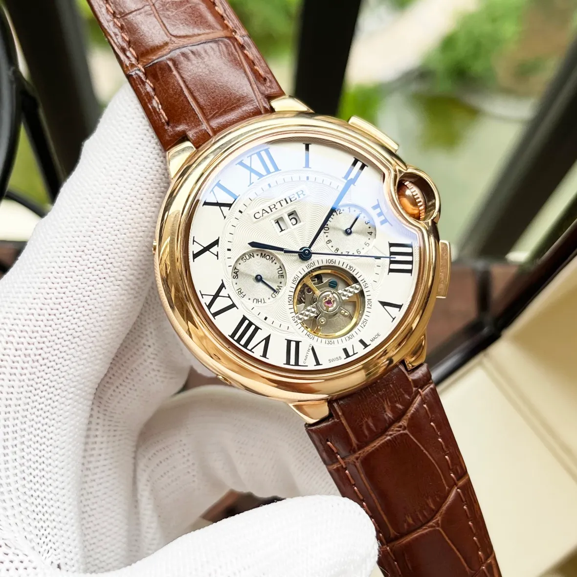 【Customized all-in-one machine】💰1520! Cartier men's watch, fully automatic imported Citizen 9015 all-in-one mechanical movement, sapphire mirror glass, 316L stainless steel case, calfskin leather strap, fashionable and casual, business essentials, size: diameter 44mm, thickness 12mm