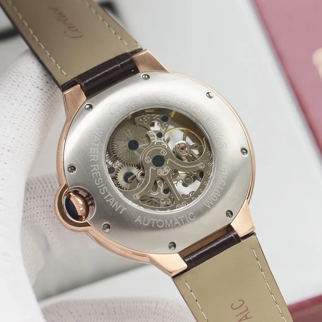 【High-end replica】💰1520! Cartier-CARTIER (upgraded version with a depth of 200 meters waterproof) new blue balloon men's mechanical bowl watch adopts imported fully automatic mechanical movement (the hollow movement design is more handsome) (316 stainless steel case 4-piece set) super mineral glass mirror, sword-shaped pointer, steel belt original snap buckle, imported Italian cowhide, table diameter 44/12mm