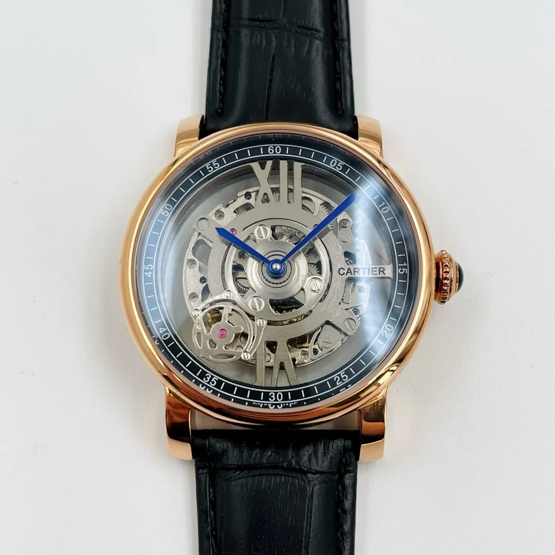 【Foreign trade import】💰1400! Cartier CARTIER Shi Lai Run's unique hollow design, rotating automatic drag in the middle, case size, diameter 42.2mm, thickness 12.9mm, fully automatic imported mechanical movement, arched ruthenium-plated reinforced mirror, 316l stainless steel case, imported cowhide strap with original folding buckle, Z.W's tall design shows your charm.