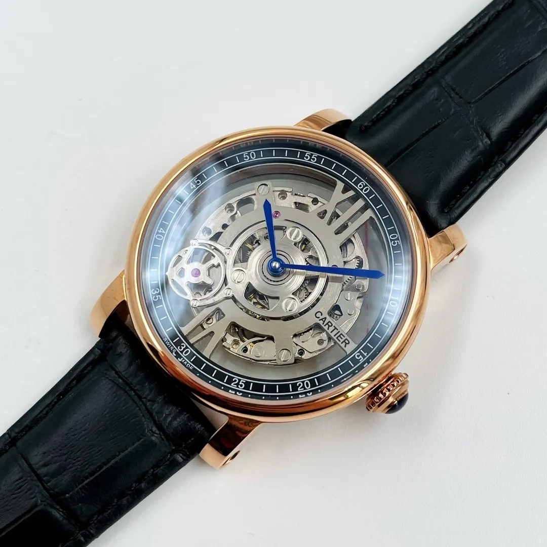 【Foreign trade import】💰1400! Cartier CARTIER Shi Lai Run's unique hollow design, rotating automatic drag in the middle, case size, diameter 42.2mm, thickness 12.9mm, fully automatic imported mechanical movement, arched ruthenium-plated reinforced mirror, 316l stainless steel case, imported cowhide strap with original folding buckle, Z.W's tall design shows your charm.