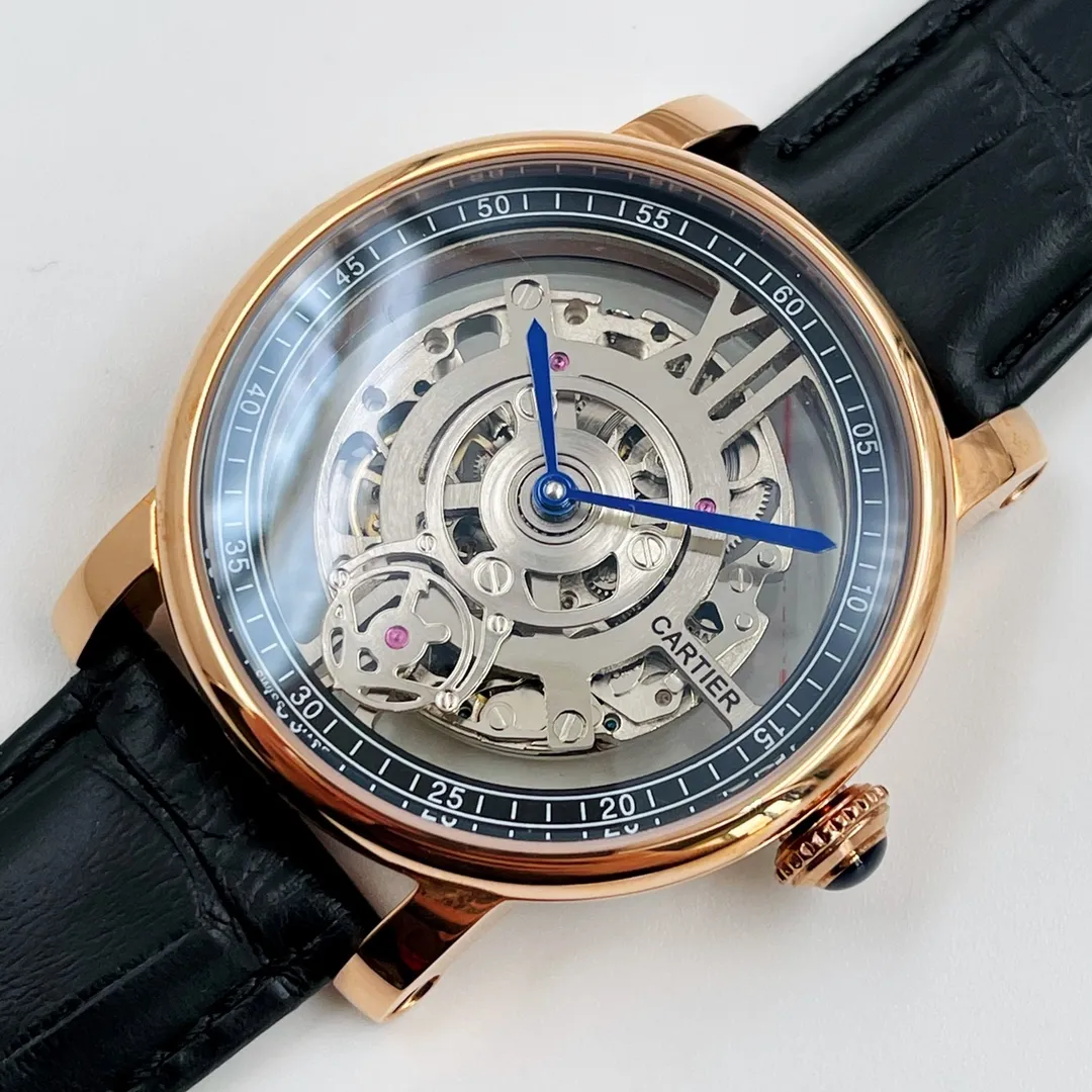 【Foreign trade import】💰1400! Cartier CARTIER Shi Lai Run's unique hollow design, rotating automatic drag in the middle, case size, diameter 42.2mm, thickness 12.9mm, fully automatic imported mechanical movement, arched ruthenium-plated reinforced mirror, 316l stainless steel case, imported cowhide strap with original folding buckle, Z.W's tall design shows your charm.